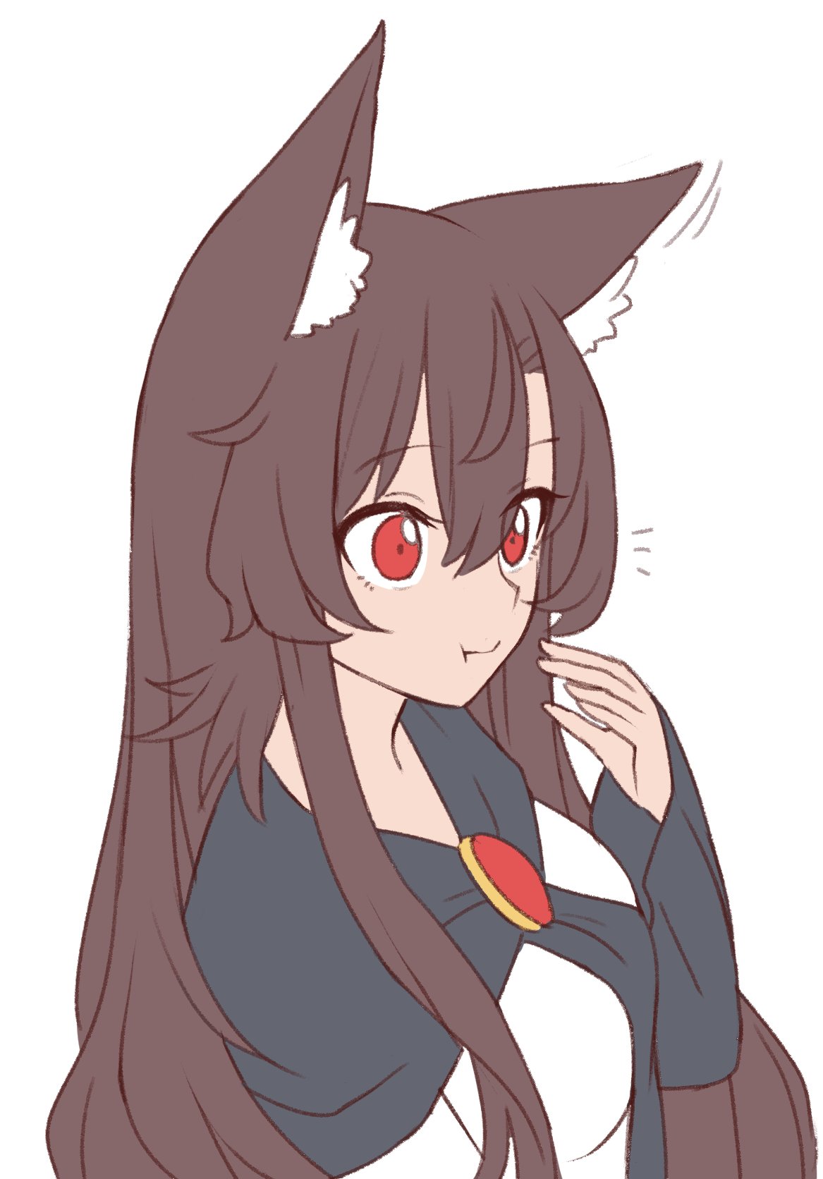 1girl animal_ear_fluff animal_ears black_dress brooch brown_hair closed_mouth commentary dress english_commentary eyes_visible_through_hair flat_color hair_between_eyes hand_up highres imaizumi_kagerou jewelry long_hair long_sleeves looking_ahead motion_lines notice_lines red_eyes sidelocks simple_background solo touhou upper_body white_background white_dress wolf_ears wool_(miwol)