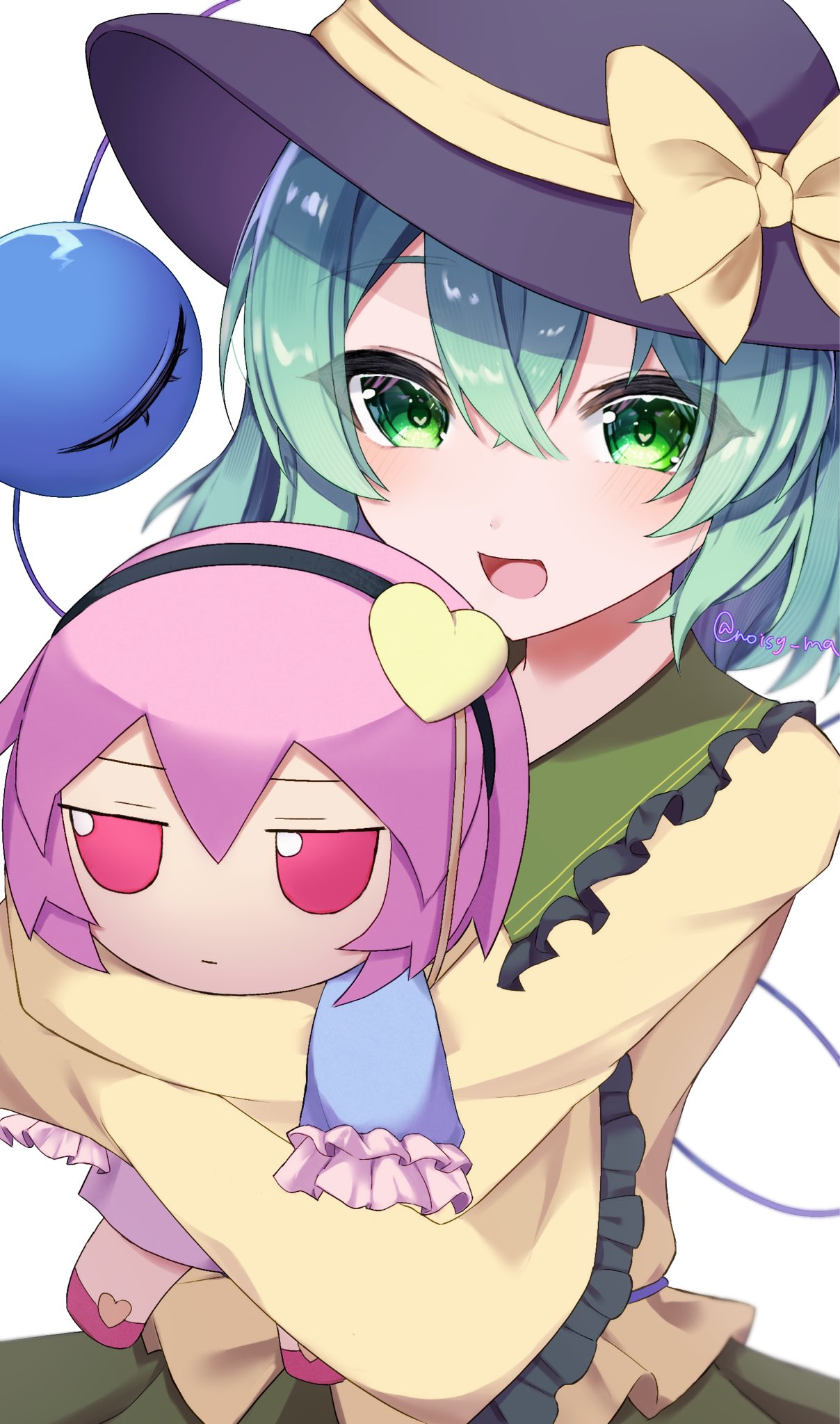 1girl :d black_headwear blush bow character_doll commentary_request crossed_arms crossed_bangs frilled_shirt_collar frilled_sleeves frills fumo_(doll) green_eyes green_hair hair_between_eyes happy hat hat_bow heart heart-shaped_pupils highres holding holding_stuffed_toy komeiji_koishi komeiji_satori long_sleeves medium_hair noisy_ma open_mouth shirt simple_background smile solo stuffed_toy symbol-shaped_pupils third_eye touhou tsurime twitter_username upper_body white_background wide_sleeves yellow_bow yellow_shirt
