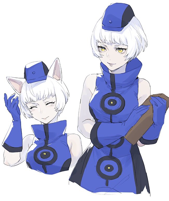 1girl animal_ears bare_shoulders blue_dress blue_gloves blue_headwear blunt_bangs breasts cat_day cat_ears closed_eyes closed_mouth commentary dress elizabeth_(persona) gloves hand_up hat high_collar isa_(peien516) light_blush medium_breasts mini_hat multiple_views pale_skin persona persona_3 short_hair sleeveless sleeveless_dress smile white_background white_hair yellow_eyes