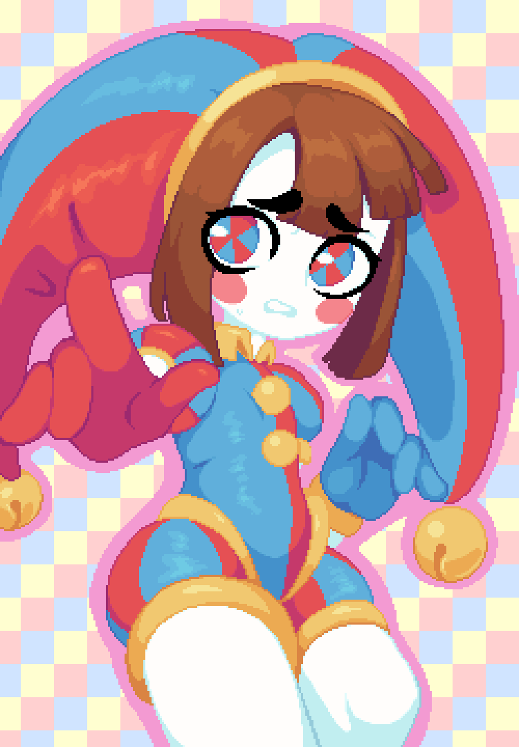 1girl asymmetrical_gloves blue_eyes blue_gloves blue_headwear blush blush_stickers brown_hair gloves hat hat_bell jester jester_cap jester_costume minimilieu mismatched_gloves multicolored_clothes multicolored_headwear pixel_art pomni_(the_amazing_digital_circus) puffy_sleeves red_eyes red_gloves red_headwear solo striped_clothes striped_headwear the_amazing_digital_circus two-tone_eyes vertical-striped_bodysuit vertical-striped_clothes vertical-striped_headwear