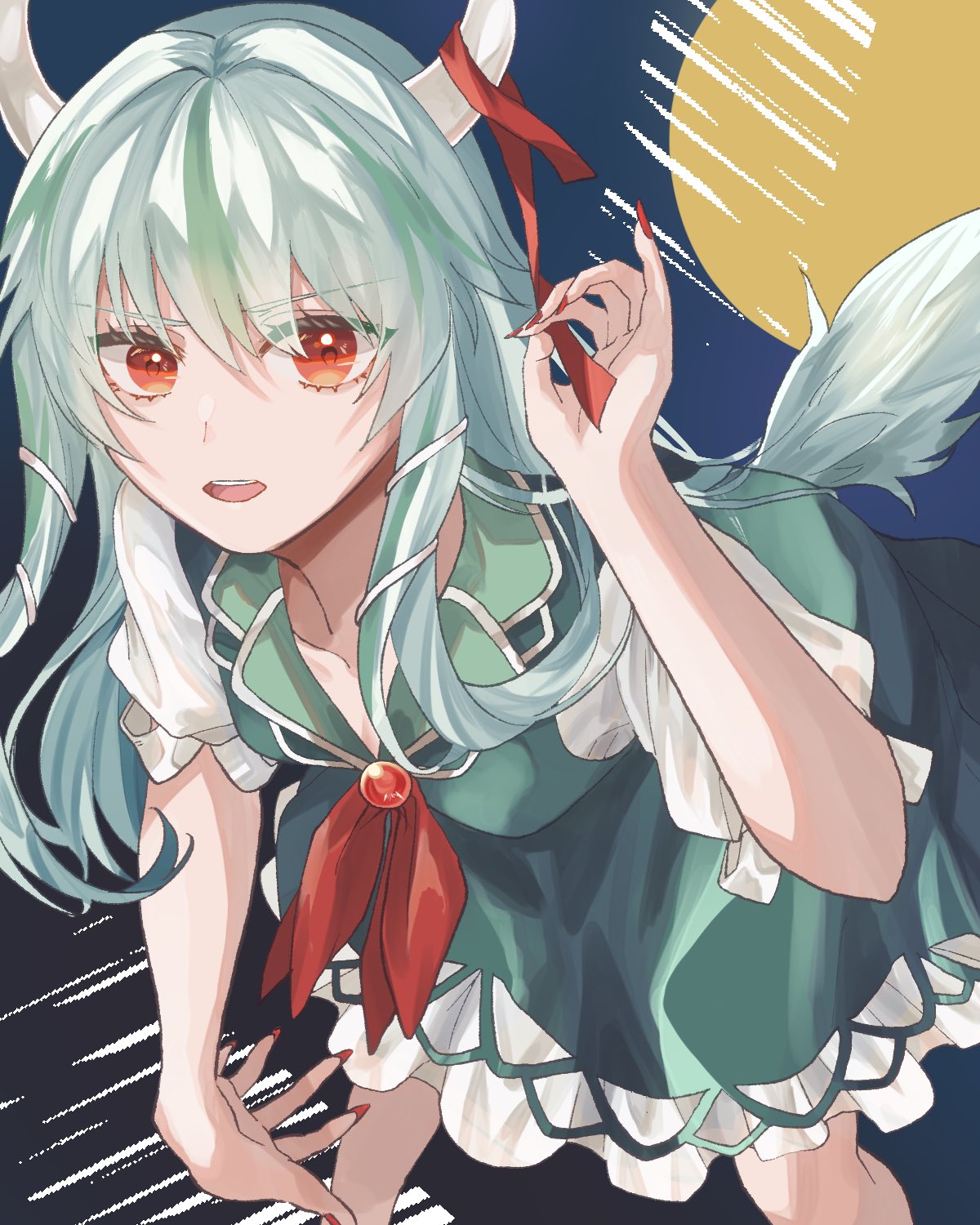 1girl commentary dress ex-keine fingernails full_moon green_dress green_hair highres horn_ornament horn_ribbon horns kamishirasawa_keine long_hair looking_at_viewer moon open_mouth red_eyes red_nails ribbon shisui0202 solo tail touhou very_long_hair