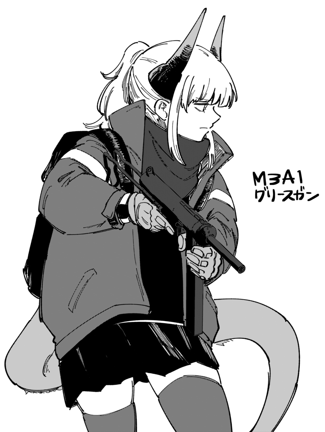 1girl arknights backpack bag closed_mouth commentary_request cowboy_shot dragon_girl dragon_horns dragon_tail gloves greyscale gun haruichi_(sazanami_complex) high_collar highres holding holding_gun holding_weapon horns jacket liskarm_(arknights) long_sleeves looking_to_the_side miniskirt monochrome open_clothes open_jacket profile scarf serious shirt short_hair simple_background skirt solo standing submachine_gun tail thigh-highs weapon white_background