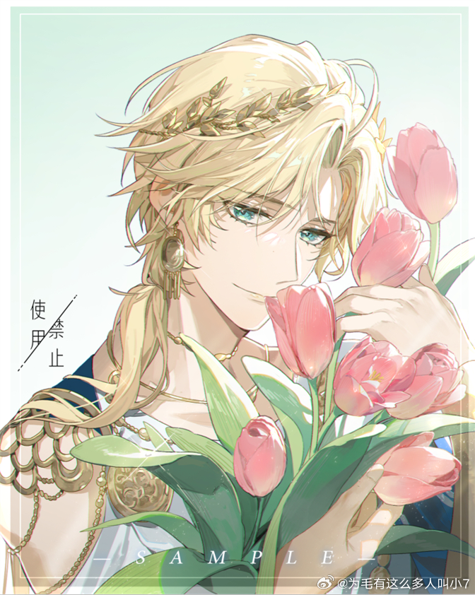 1boy aqua_eyes blonde_hair blue_background bouquet chiton closed_mouth curtained_hair dangle_earrings earrings flower gold_necklace gold_trim gradient_background hair_over_shoulder holding holding_bouquet jewelry lars_rorschach laurel_crown long_hair looking_at_viewer lovebrush_chronicles low_ponytail male_focus necklace parted_bangs pink_flower pink_tulip qianjingya robe sample_watermark smile solo tulip upper_body watermark weibo_logo weibo_username white_robe