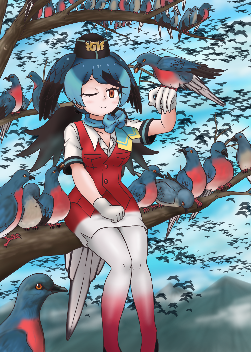 1girl adansosutega bird bird_girl bird_tail bird_wings black_hair blue_hair blush bow breasts clouds creature_and_personification flight_attendant gloves gradient_legwear gradient_skirt hat head_wings highres japari_symbol kemono_friends kemono_friends_2 kemono_friends_3 looking_at_viewer mountain multicolored_hair one_eye_closed pantyhose passenger_pigeon passenger_pigeon_(kemono_friends) red_pantyhose shirt short_sleeves sitting_on_branch skirt sky smile solo spotted_hair tail too_many too_many_birds travel_attendant tree two-tone_pantyhose vest wings