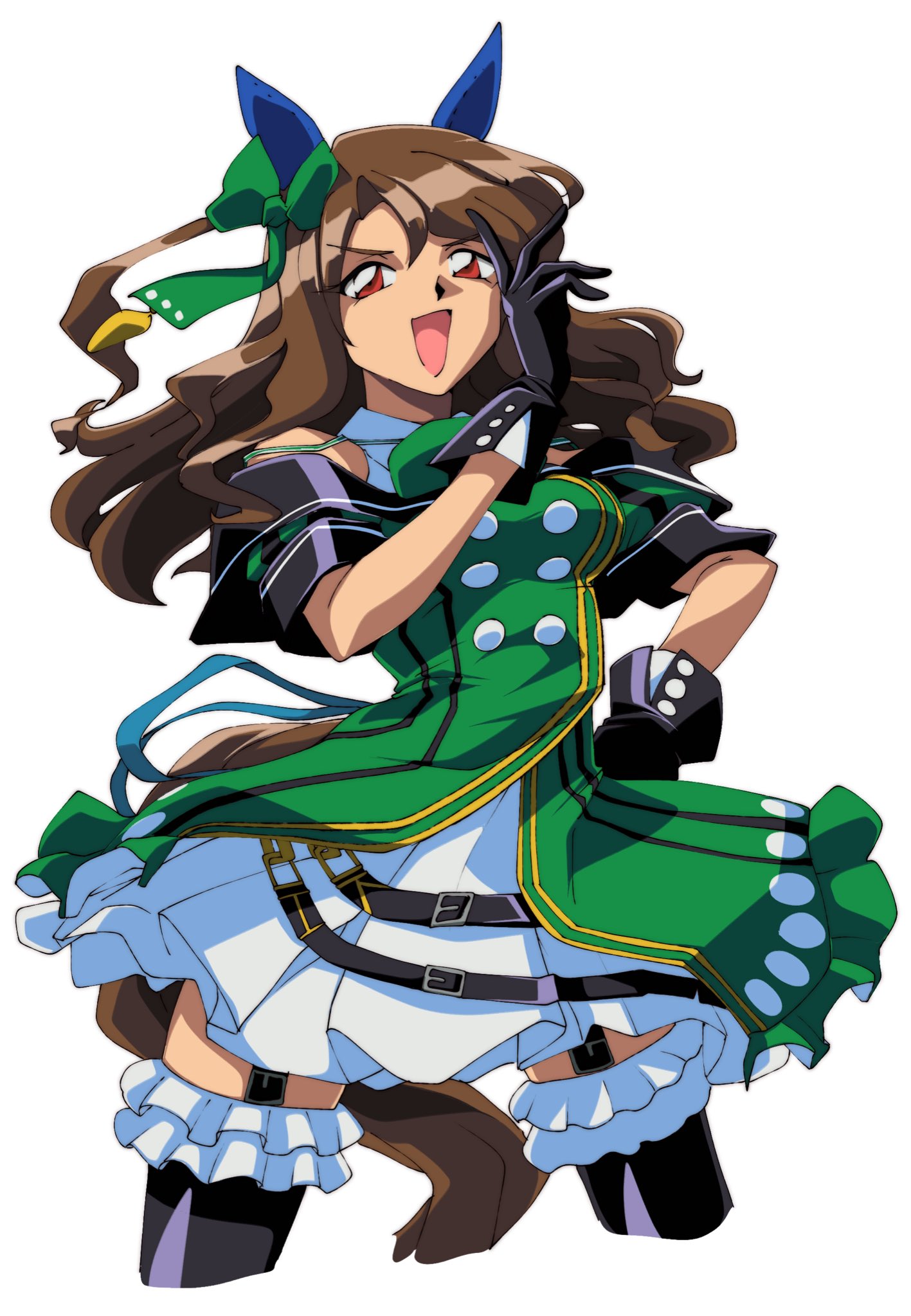 1990s_(style) 1girl animal_ears araizumi_rui_(style) black_gloves black_thighhighs brown_hair buttons dress ear_covers frilled_dress frilled_thighhighs frills garter_straps gloves green_dress hand_on_own_hip highres horse_ears horse_girl horse_tail king_halo_(umamusume) layered_dress looking_at_viewer ojou-sama_pose open_mouth red_eyes retro_artstyle simple_background sin_emu smile solo tail thigh-highs umamusume white_background