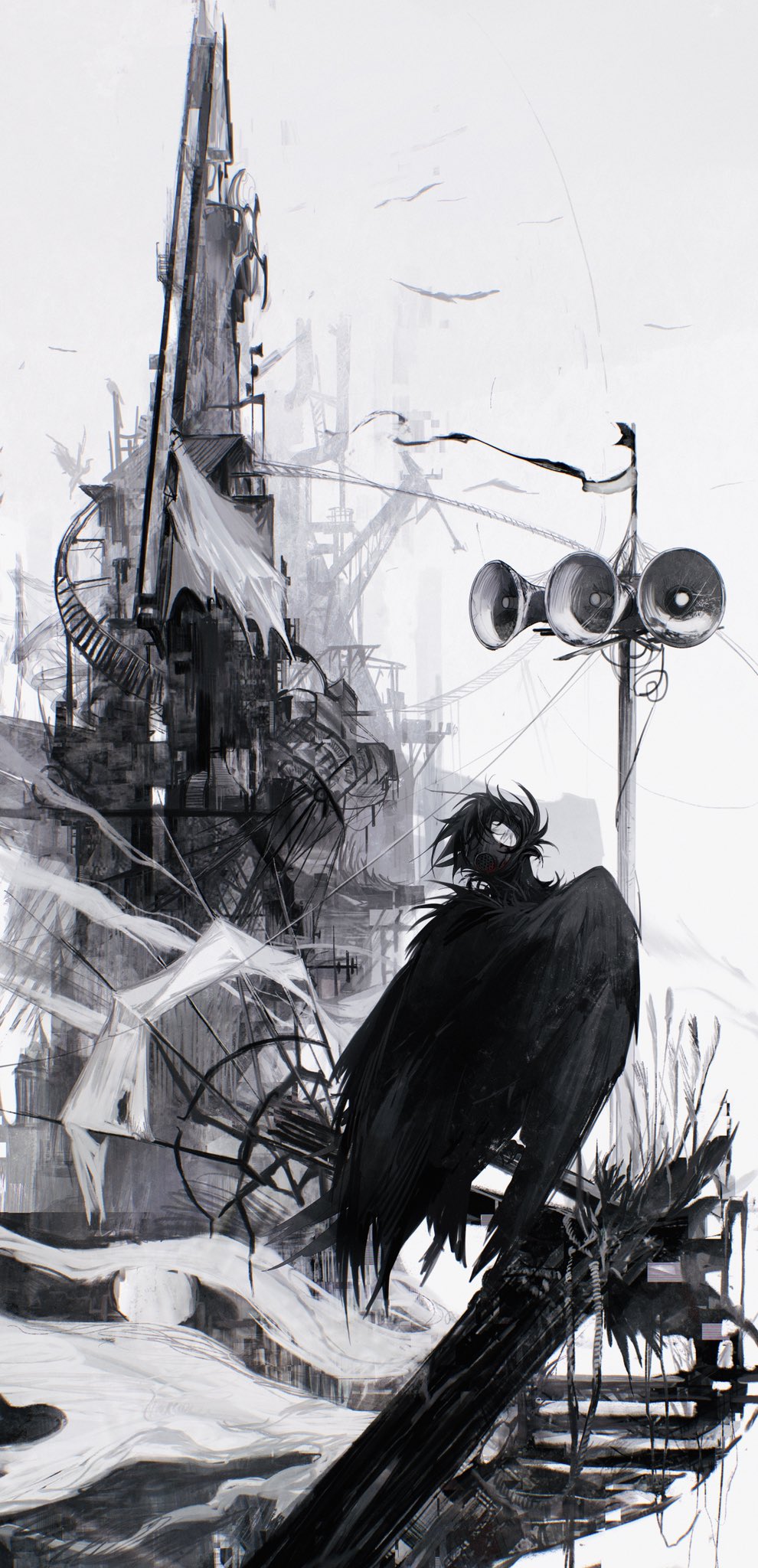 alarm_siren bird black_wings building creature crow full_body greyscale highres kamikiririp looking_at_object monochrome no_humans original outdoors sky solo tail white_sky wings