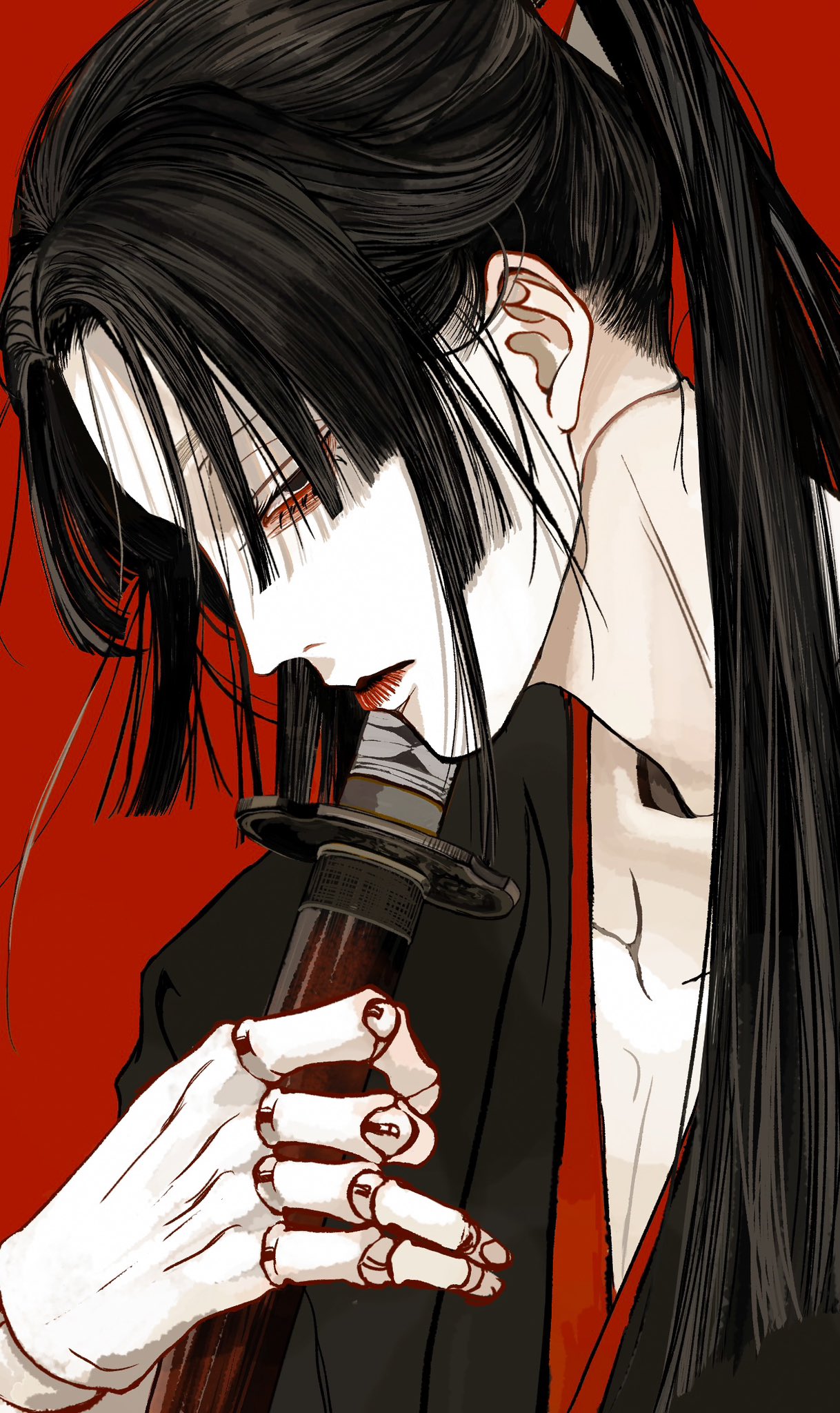 1boy black_eyes black_hair black_kimono doll_joints half-closed_eyes hand_up highres holding holding_sword holding_weapon japanese_clothes joints kagoya1219 katana kimono long_hair male_focus original parted_bangs ponytail red_background sheath sheathed simple_background solo straight_hair sword upper_body weapon