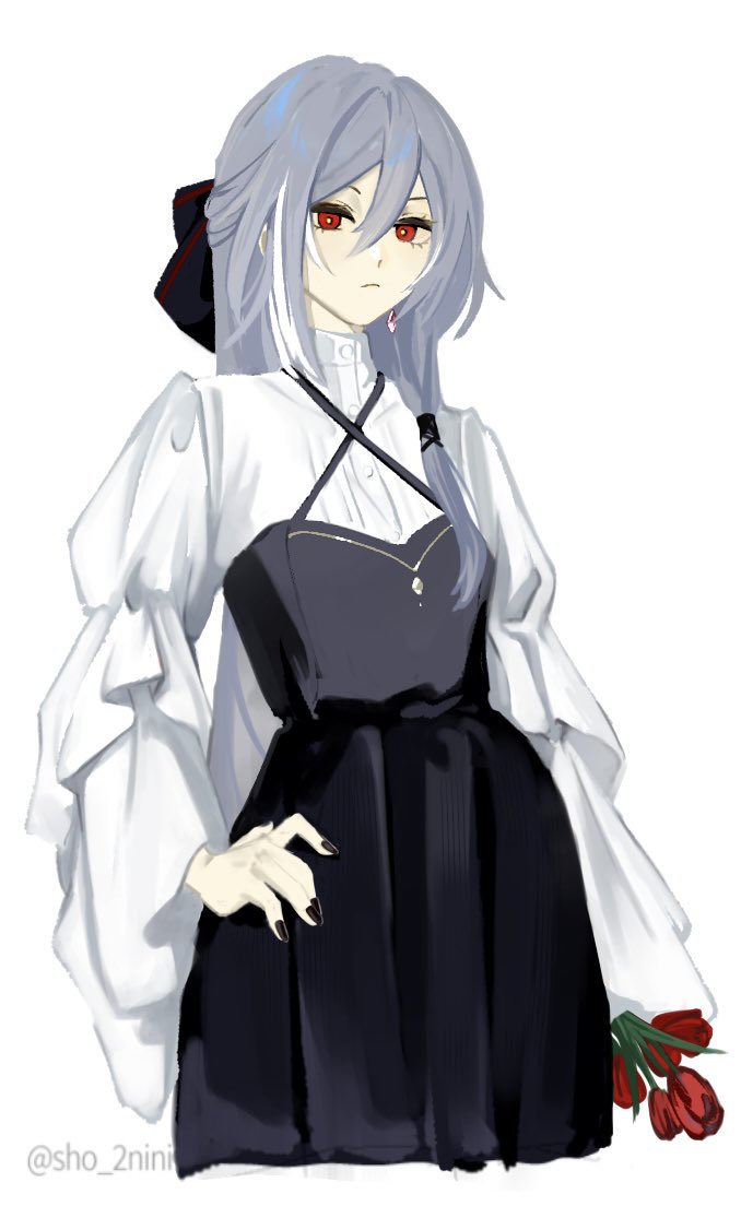 1girl alternate_costume black_bow black_dress black_nails bouquet bow closed_mouth dress earrings flower fu_hua fu_hua_(herrscher_of_sentience) grey_hair hair_between_eyes hair_bow holding holding_bouquet honkai_(series) honkai_impact_3rd jewelry long_hair looking_at_viewer multicolored_hair pleated_sleeves red_eyes red_flower red_rose rose sho_2nini simple_background single_earring solo streaked_hair twitter_username white_background white_hair wide_sleeves yellow_pupils