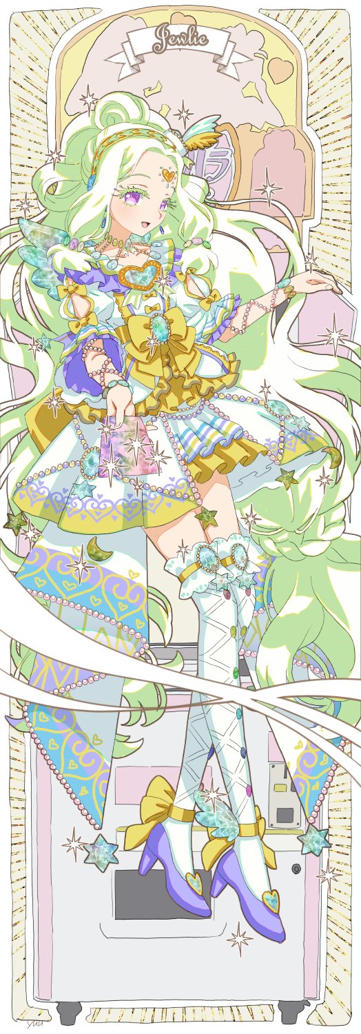 1girl arcade_cabinet border bow character_name commentary_request crescent dress frilled_dress frills full_body green_hair headphones high_heels highres jewlie_(pripara) long_hair looking_at_viewer open_mouth parted_bangs pretty_series pripara priticket purple_footwear smile standing star_(symbol) thigh-highs very_long_hair violet_eyes white_border white_dress white_thighhighs yellow_bow yu_(prpyuu)