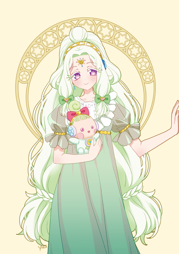 1girl bow character_doll closed_mouth doll dress green_dress green_hair hair_bow halo headphones holding holding_doll jewlie_(pripara) jewlulu long_hair looking_at_viewer nightgown pink_bow pretty_series pripara puffy_short_sleeves puffy_sleeves short_sleeves smile solo standing star_(symbol) very_long_hair violet_eyes yellow_background yu_(prpyuu)