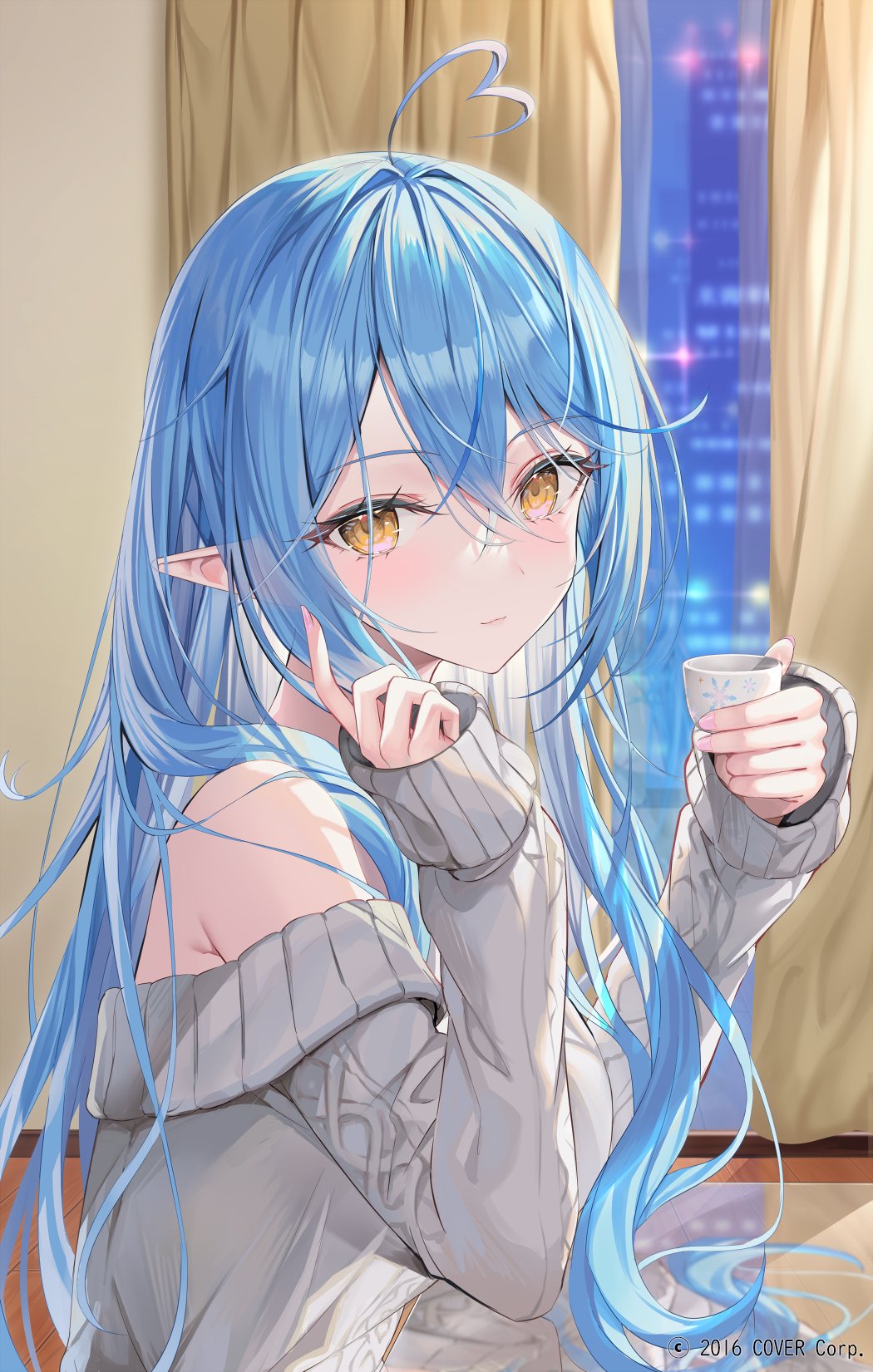 1girl ahoge alternate_costume blue_hair choko_(cup) cityscape copyright_notice cup curtains double-parted_bangs elbow_on_table from_side glass_table grey_sweater hair_between_eyes hair_over_shoulder heart heart_ahoge highres holding holding_cup hololive indoors long_hair long_sleeves looking_at_viewer night off_shoulder official_art pink_nails pointy_ears rin_yuu sitting sleeves_past_wrists solo sweater table virtual_youtuber wooden_floor yellow_eyes yukihana_lamy