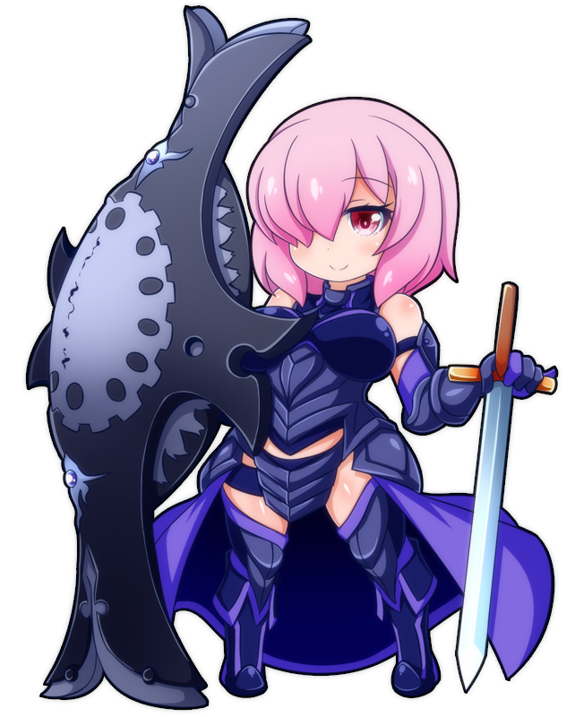 1girl armored_leotard bare_shoulders breasts chibi elbow_gloves fate/grand_order fate_(series) gloves hair_over_one_eye large_breasts looking_at_viewer mash_kyrielight oborotsuki_kakeru pink_eyes pink_hair purple_gloves purple_thighhighs shield short_hair smile solo sword thigh-highs weapon