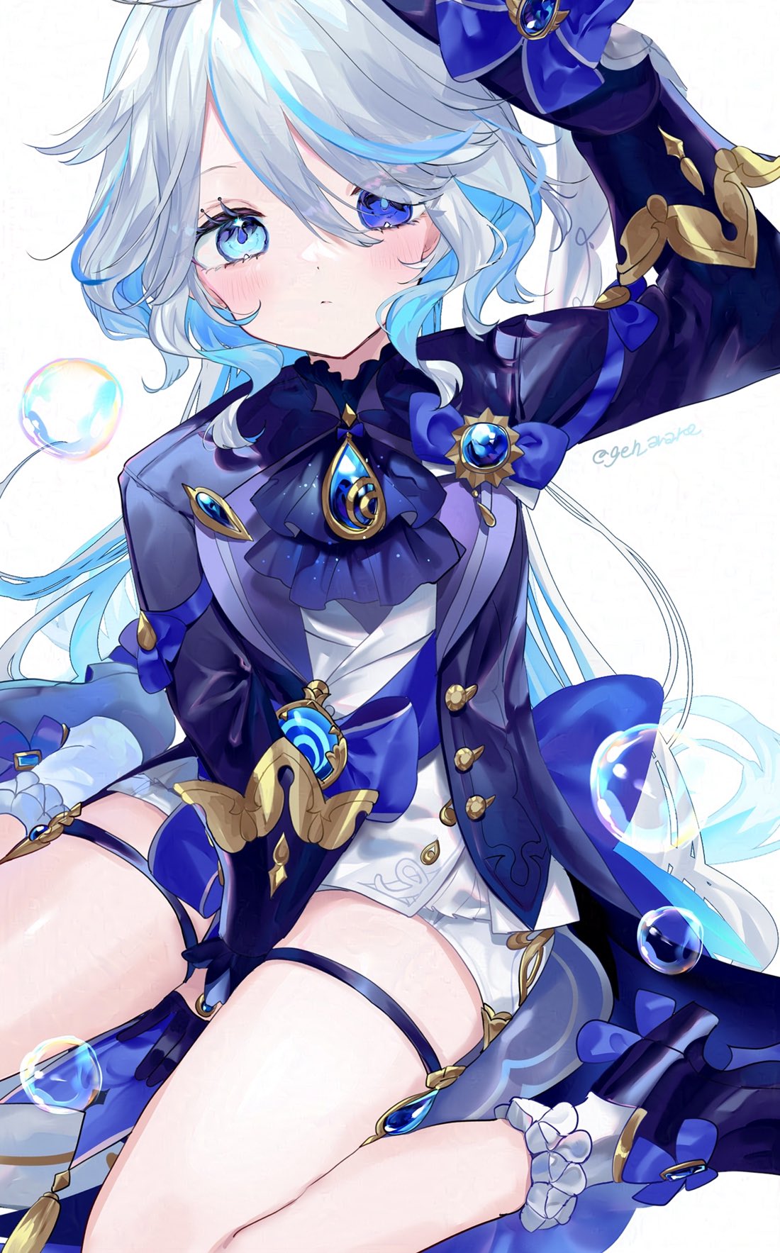 1girl ahoge arm_up artist_name ascot back_bow blue_ascot blue_bow blue_eyes blue_gemstone blue_hair blue_headwear blue_jacket blue_sash blue_shirt blush bobbles bow buttons closed_mouth collared_jacket drop-shaped_pupils footwear_bow furina_(genshin_impact) gem gen_arare genshin_impact gloves gold_trim grey_hair hair_between_eyes hat hat_ornament heterochromia high_heels highres jacket long_hair long_sleeves looking_at_viewer mismatched_pupils multicolored_hair open_clothes open_jacket purple_footwear purple_gloves sash shirt shoes shorts sidelocks simple_background sitting socks solo symbol-shaped_pupils top_hat two-tone_hair vest vision_(genshin_impact) white_background white_shorts white_socks white_vest