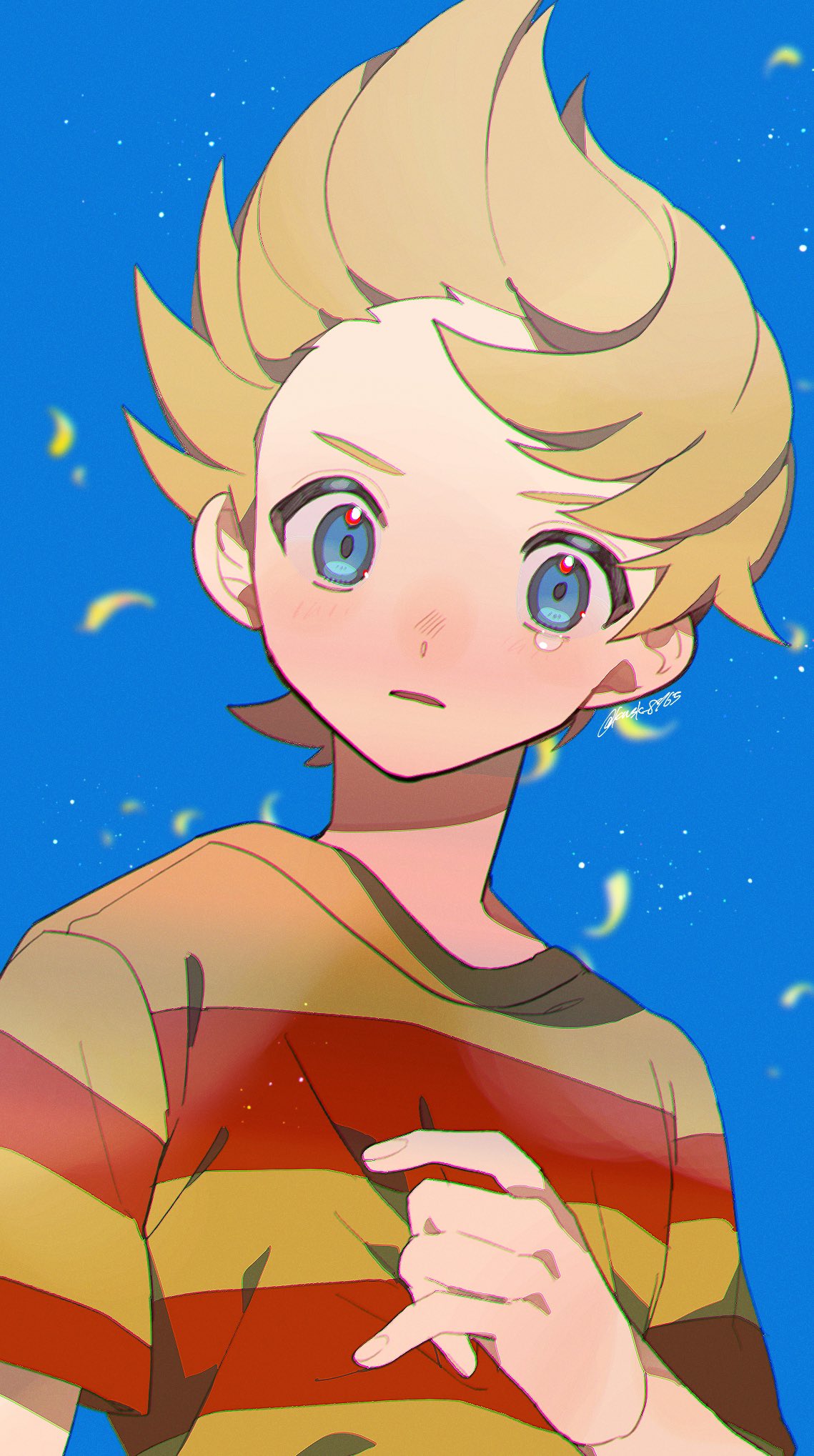 1boy blonde_hair blue_background blue_eyes commentary_request highres kawasaki_(kwsk_8765) looking_at_viewer lucas_(mother_3) male_focus mother_(game) mother_3 parted_lips red_shirt shirt short_hair simple_background solo striped_clothes striped_shirt two-tone_shirt yellow_shirt