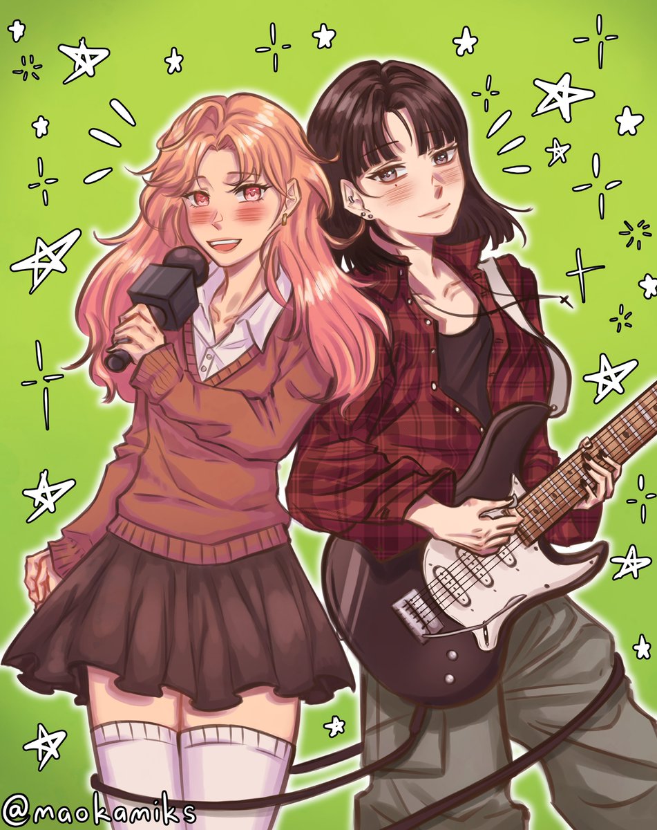 2girls audio_cable baggy_pants black_hair black_nails black_shirt blunt_bangs blush brown_sweater cable collarbone collared_shirt commentary cowboy_shot ear_piercing earrings electric_guitar english_commentary fender_stratocaster green_background grey_eyes guitar highres holding holding_microphone holding_plectrum instrument jewelry kininatteru_hito_ga_otoko_ja_nakatta koga_mitsuki light_smile long_hair looking_at_viewer maokamiks medium_hair microphone mole mole_under_eye multiple_girls oosawa_aya open_clothes open_mouth open_shirt orange_hair pants pendant piercing plaid plaid_shirt pleated_skirt plectrum red_eyes shirt side-by-side skirt standing star_(symbol) sweater teeth thigh-highs twitter_username upper_teeth_only white_shirt white_thighhighs zettai_ryouiki