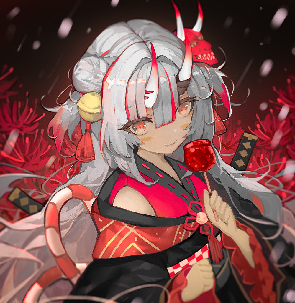 1girl bell black_kimono blush_stickers candy_apple closed_mouth commentary_request double_bun fang fang_out flower food grey_hair hair_bell hair_bun hair_ornament holding holding_food hololive horns japanese_clothes jingle_bell katana kimono long_sleeves mask mask_on_head multicolored_hair nakiri_ayame off_shoulder oni oni_mask red_eyes red_flower redhead ribbon_trim senya_fuurin smile solo spider_lily streaked_hair sword two_side_up upper_body virtual_youtuber weapon wide_sleeves