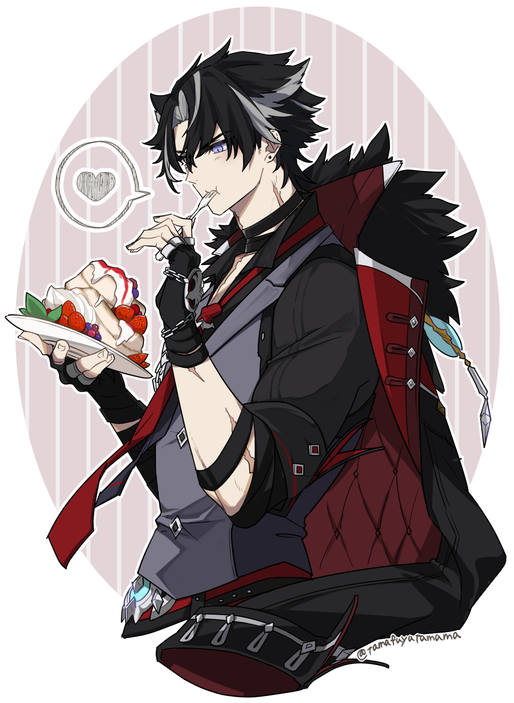 1boy artist_name bandaged_arm bandaged_neck bandages black_coat black_gloves black_hair black_shirt blush border buttons cake chain closed_mouth coat coat_on_shoulders collared_shirt commentary_request cropped_torso earrings eating fingerless_gloves food fork fruit fur-trimmed_coat fur_trim genshin_impact gloves grey_hair grey_vest hair_between_eyes hands_up heart highres holding holding_fork holding_plate jewelry lapels male_focus multicolored_hair necktie outline outside_border parted_bangs plate purple_background red_necktie scar scar_on_arm scar_on_neck shirt short_hair short_sleeves simple_background solo speech_bubble spoken_heart strawberry streaked_hair striped_background stud_earrings tamafuyutamama twitter_username two-sided_coat two-sided_fabric upper_body utensil_in_mouth v-shaped_eyebrows vest violet_eyes vision_(genshin_impact) white_border white_outline wriothesley_(genshin_impact)