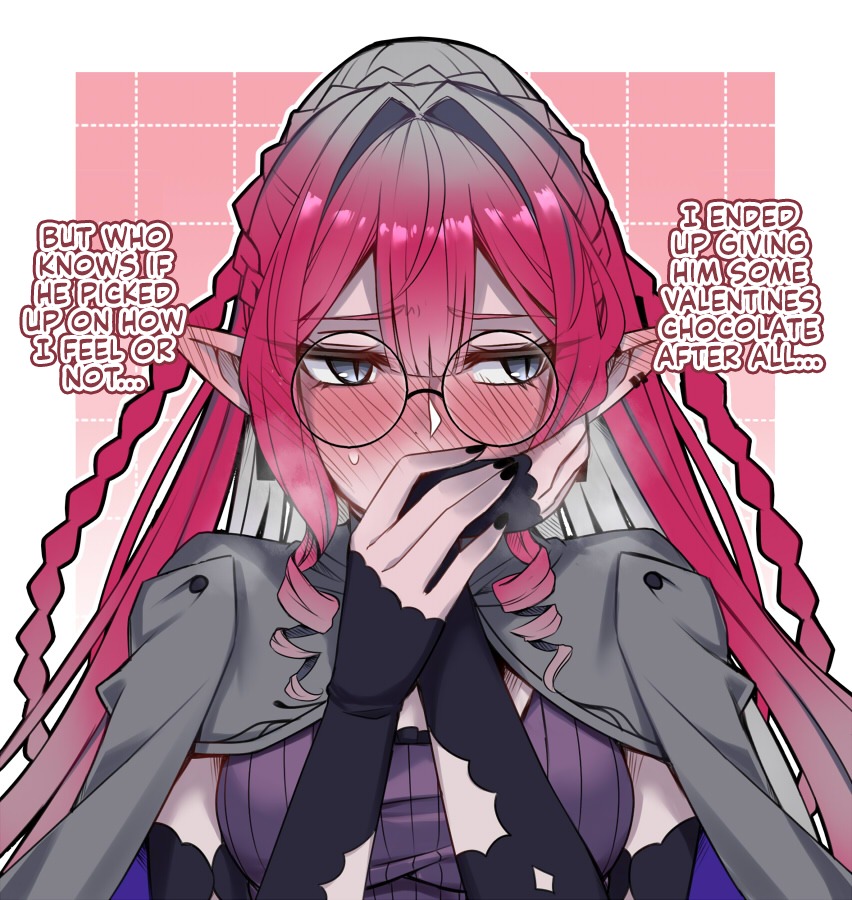 1girl baobhan_sith_(fate) baobhan_sith_(swimsuit_pretender)_(fate) baobhan_sith_(swimsuit_pretender)_(second_ascension)_(fate) blush braid breasts covering_own_mouth crown_braid detached_sleeves earrings english_text fate/grand_order fate_(series) glasses grey_eyes grey_jacket hair_ornament hairclip hard-translated jacket jacket_on_shoulders jewelry large_breasts long_hair looking_to_the_side pink_hair pointy_ears ponytail purple_shirt round_eyewear sanmoto_gorouzaemon shirt sidelocks third-party_edit