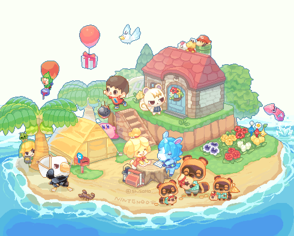 3girls 6+boys :o ^_^ animal_crossing animal_ears ashisu_(shisono) ball balloon bare_arms bare_shoulders big_nose bird bird_boy black_eyes black_shorts blonde_hair blue_eyes blue_footwear blue_pikmin blue_shirt blue_skin blue_vest blush_stickers bottomless bowling_ball brothers brown_eyes brown_footwear brown_hair bud butterfly_net buttons cabbie_hat character_request closed_eyes closed_mouth coin collared_shirt colored_skin commentary_request creature creature_on_head crossover denim_vest dog_ears dog_girl dog_tail dropping facial_hair flag flower flower_request flower_wreath flying furry furry_female furry_male gift gold_coin gooey_(kirby) green_headwear green_pants green_shorts green_sleeves green_tunic grey_shorts hand_net hat hawaiian_shirt holding holding_butterfly_net holding_creature holding_flag holding_sack holding_shield horns horse_ears horse_tail house inkling inkling_player_character isabelle_(animal_crossing) island kirby kirby_(series) link lobster long_sleeves looking_at_object mailbox_(incoming_mail) mallow_(mario) mario multiple_boys multiple_girls mustache no_mouth no_shoes nostrils ocean open_mouth outdoors pansy pants paper pikmin_(creature) pikmin_(series) pink_skin pixel_art pointy_ears pointy_hat pointy_nose raccoon_boy raccoon_ears raccoon_tail red_flower red_footwear red_headwear red_pikmin red_rose red_shirt red_skin red_sleeves rose sack shield shirt shoes short_hair short_sleeves shorts siblings single_horn sky sleeveless sleeveless_shirt smile sneakers solid_oval_eyes splashing splatoon_(series) squid squirrel_ears squirrel_girl squirrel_tail star_(sky) star_(symbol) star_print super_mario_bros. t-shirt tail tent the_legend_of_zelda timmy_(animal_crossing) tingle tom_nook_(animal_crossing) tommy_(animal_crossing) toon_link topknot tree tree_stump tulip turtleneck_shirt twins twitter_username unicorn_girl v-shaped_eyes vest villager_(animal_crossing) warp_pipe white_bird white_flower white_horns white_shorts white_sky yellow_flower yellow_pikmin yellow_rose yellow_skin