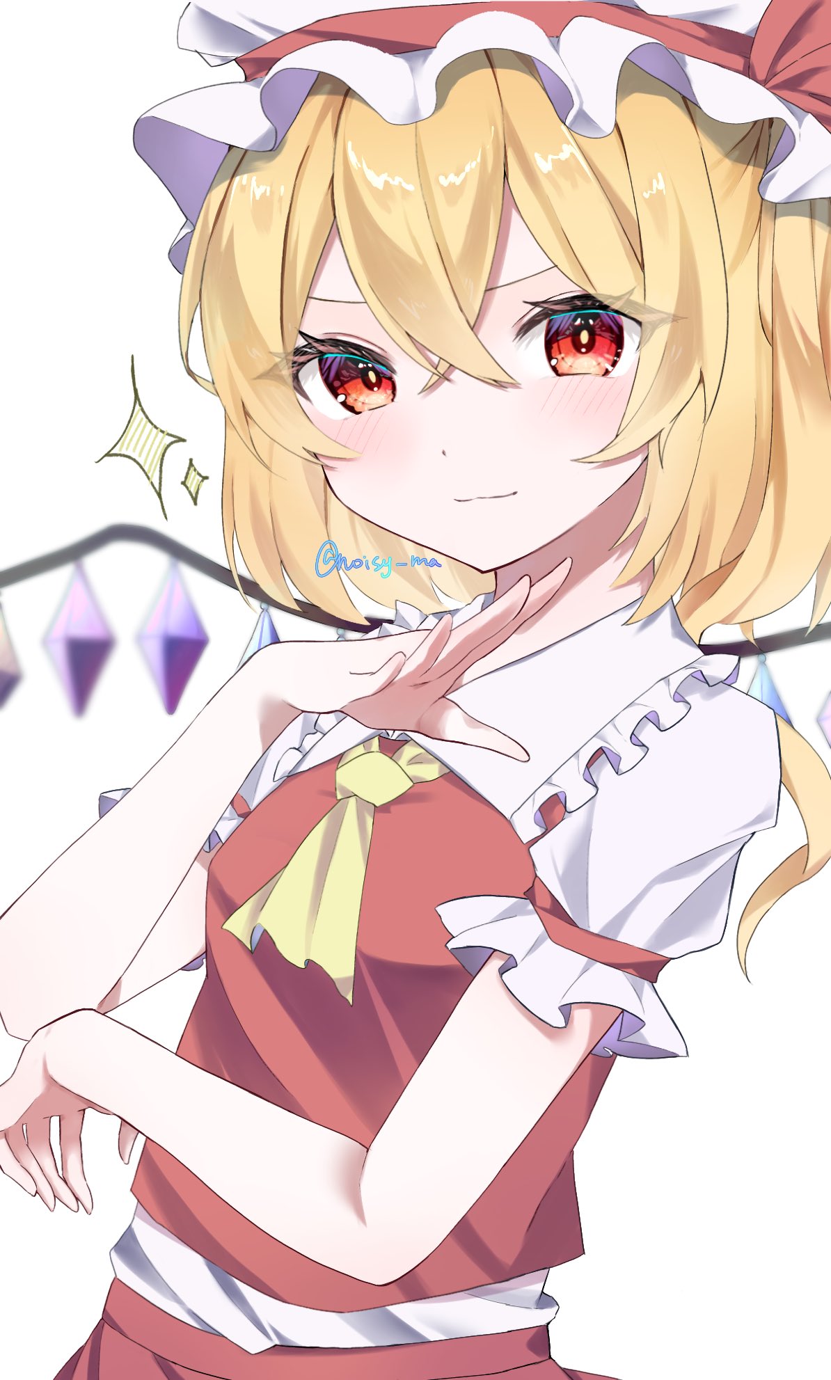 &gt;:) 1girl arm_under_breasts ascot blonde_hair blush breasts bright_pupils closed_mouth commentary_request crossed_bangs crystal eyelashes eyes_visible_through_hair flandre_scarlet frilled_shirt_collar frills hair_between_eyes hand_up hat highres looking_at_viewer medium_hair mob_cap noisy_ma puffy_short_sleeves puffy_sleeves red_eyes red_vest shirt short_sleeves simple_background small_breasts smile smug solo sparkle touhou tsurime twitter_username upper_body v-shaped_eyebrows vest white_background white_headwear white_shirt wings yellow_ascot