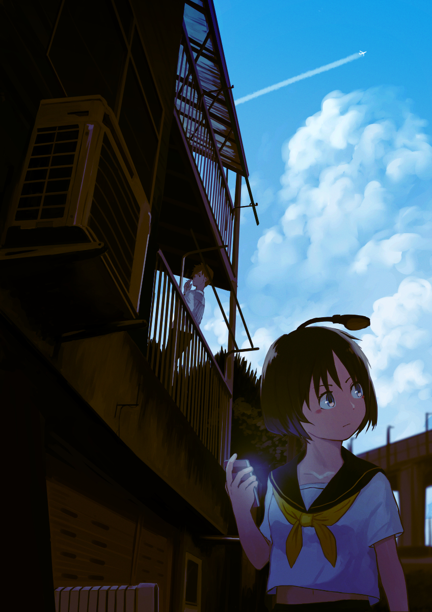 1boy 1girl aircraft airplane black_hair black_sailor_collar blue_eyes breasts bridge brown_hair building cigarette closed_mouth clouds commentary_request contrail cumulonimbus_cloud day door highres holding holding_cigarette inami_hatoko leaning looking_at_another midriff navel neckerchief original outdoors railing sailor_collar school_uniform serafuku shirt short_hair short_sleeves small_breasts white_shirt yellow_neckerchief