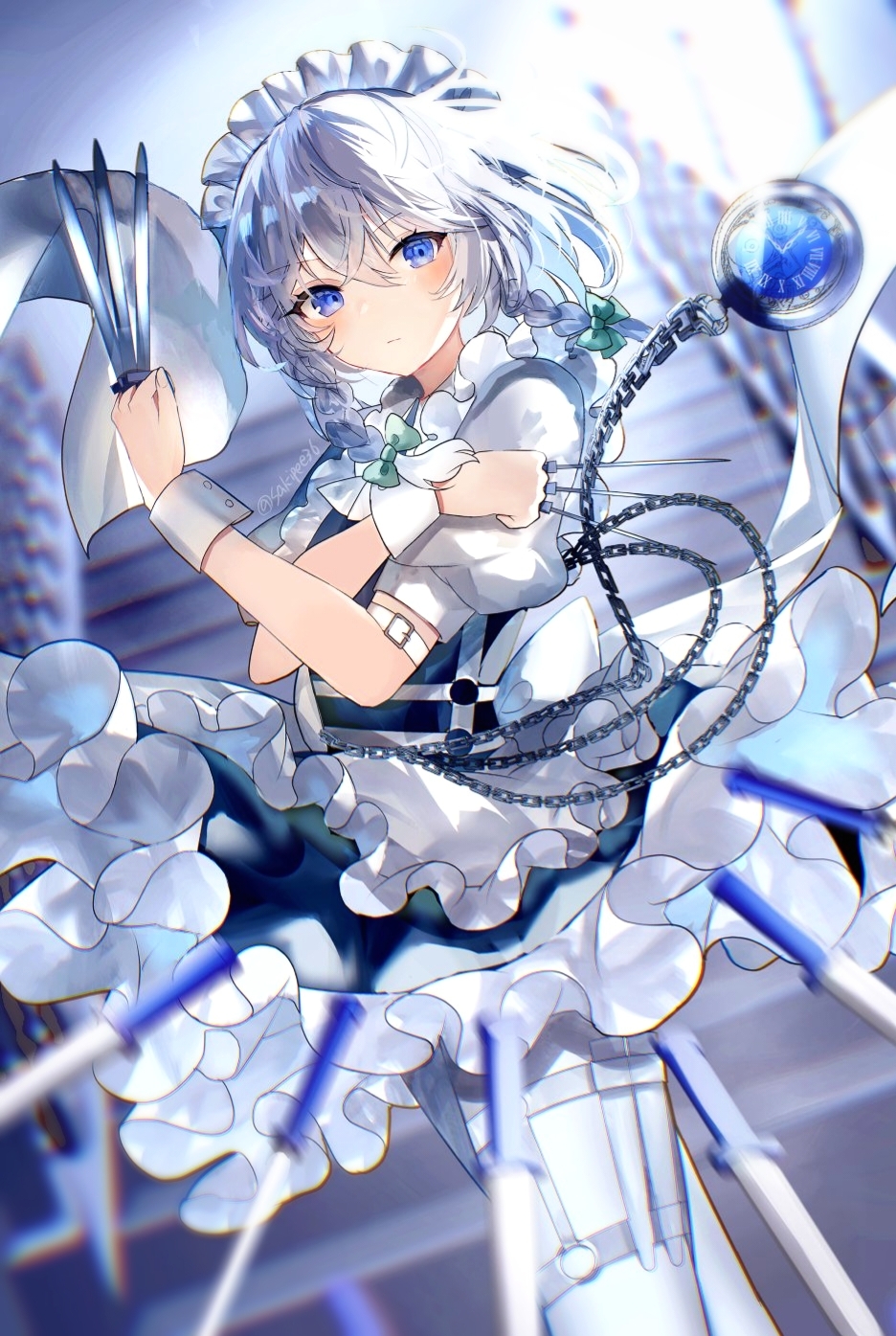 1girl apron between_fingers blue_dress blue_eyes blurry blurry_background blush bow braid buttons chain closed_mouth collared_dress crossed_arms dagger dress fingernails frills green_bow grey_hair hair_between_eyes hair_bow hands_up highres holding holding_dagger holding_knife holding_weapon indoors izayoi_sakuya knife looking_at_viewer maid maid_headdress pantyhose pocket_watch puffy_short_sleeves puffy_sleeves sakizaki_saki-p short_hair short_sleeves solo stairs touhou twin_braids twitter_username v-shaped_eyebrows watch weapon white_apron white_pantyhose wrist_cuffs
