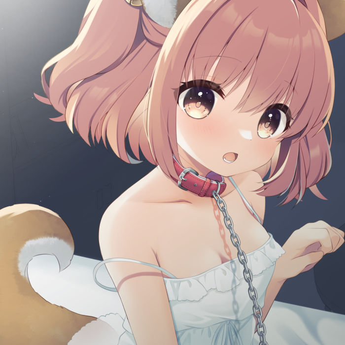 1girl animal_collar animal_ears breasts brown_tail chain chain_leash collar collarbone commentary_request dog_ears dog_tail dress frilled_dress frills leash looking_at_viewer motoori_kosuzu open_mouth orange_eyes orange_hair paw_pose sen1986 small_breasts solo spaghetti_strap strap_slip sundress tail touhou white_dress