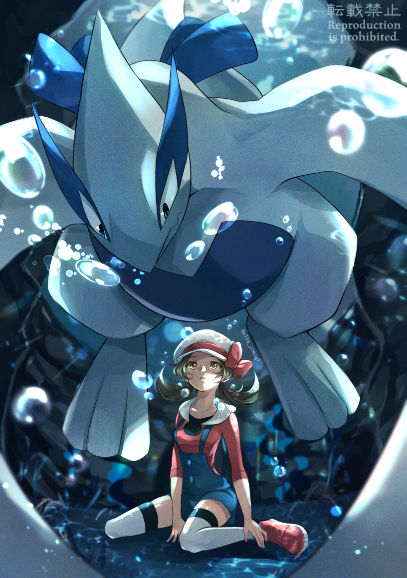 1girl air_bubble blue_overalls blurry bow brown_eyes brown_hair bubble commentary_request depth_of_field hat hat_bow long_hair looking_up lugia lyra_(pokemon) overalls pokemon pokemon_(creature) pokemon_hgss red_bow red_footwear red_shirt shirt shoes sitting sleeves_past_elbows thigh-highs twintails underwater watermark white_headwear white_thighhighs yomogi_(black-elf)