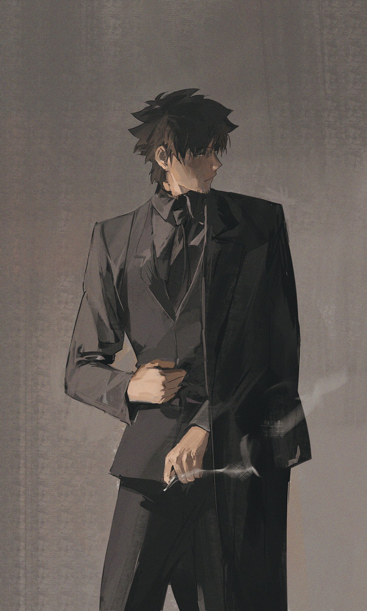 1boy black_hair black_jacket black_necktie black_pants cigarette commentary cqqqqdaze emiya_kiritsugu facial_hair fate/zero fate_(series) formal grey_background highres holding holding_cigarette jacket jacket_on_shoulders looking_to_the_side necktie pants profile short_hair simple_background smoke smoking solo standing stubble