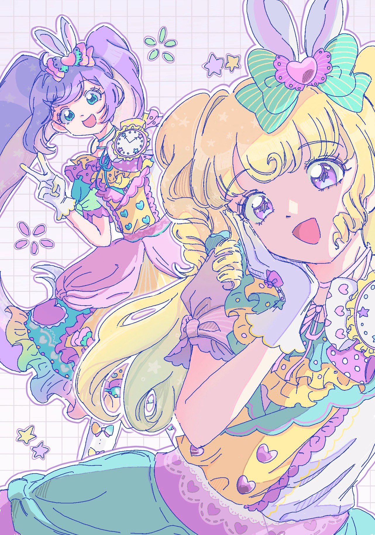2girls :d ahoge animal_ears blonde_hair blue_eyes bow clock dress fake_animal_ears frilled_dress frills gloves green_bow hair_bow hand_on_own_cheek hand_on_own_face highres idol_clothes idol_time_pripara ku_(kuooss) long_hair looking_at_viewer manaka_laala multicolored_clothes multicolored_dress multiple_girls open_mouth outline pink_bow pretty_series pripara puffy_short_sleeves puffy_sleeves purple_hair rabbit_ears ringlets short_sleeves smile standing star_(symbol) twintails two_side_up v very_long_hair violet_eyes white_gloves white_outline yumekawa_yui