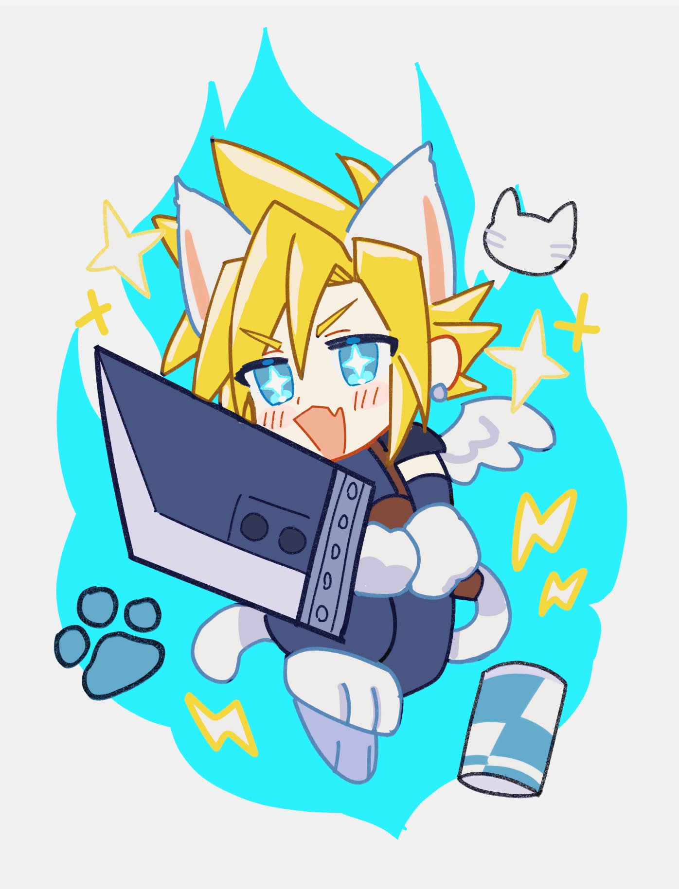 1boy animal_ears animal_feet animal_hands armor blonde_hair blue_background blue_eyes blue_gloves blue_pants blue_shirt blush_stickers can cat_boy cat_ears cat_tail cloud_strife drink_can earrings fang final_fantasy final_fantasy_vii full_body gloves grey_background highres jewelry keiseki1 kemonomimi_mode lightning_bolt_symbol male_focus open_mouth pants pauldrons paw_print shirt short_hair shoulder_armor skin_fang sleeveless soda_can solo sparkle sparkling_eyes spiky_hair stud_earrings tail white_wings wings