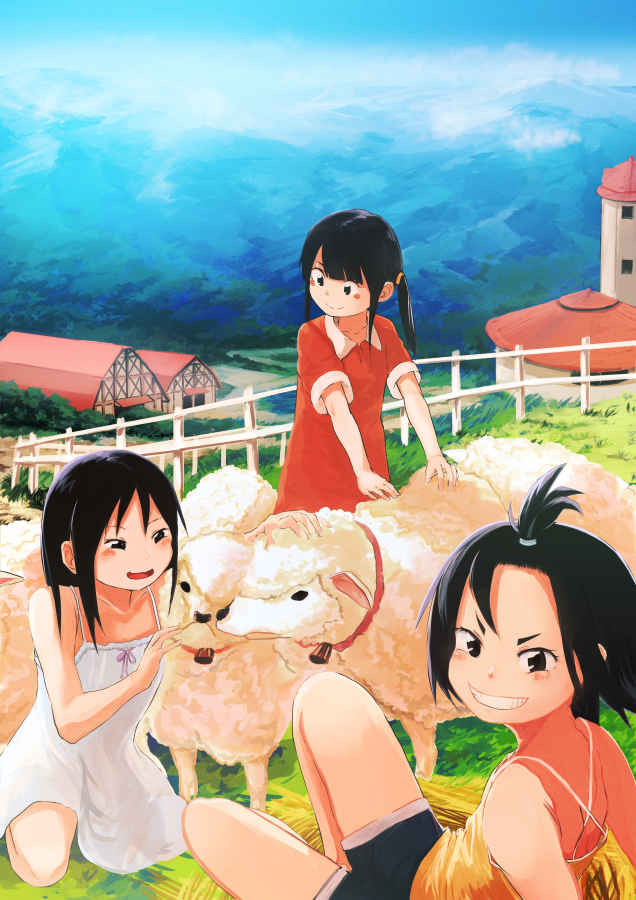 3girls barn black_eyes black_hair blue_shorts blush building camisole clenched_teeth commentary_request day dress farm fence inami_hatoko landscape long_hair looking_at_viewer multiple_girls on_ground open_mouth original outdoors red_dress sheep short_hair short_sleeves shorts sidelocks sitting sleeveless sleeveless_dress spaghetti_strap teeth twintails updo white_dress yellow_camisole
