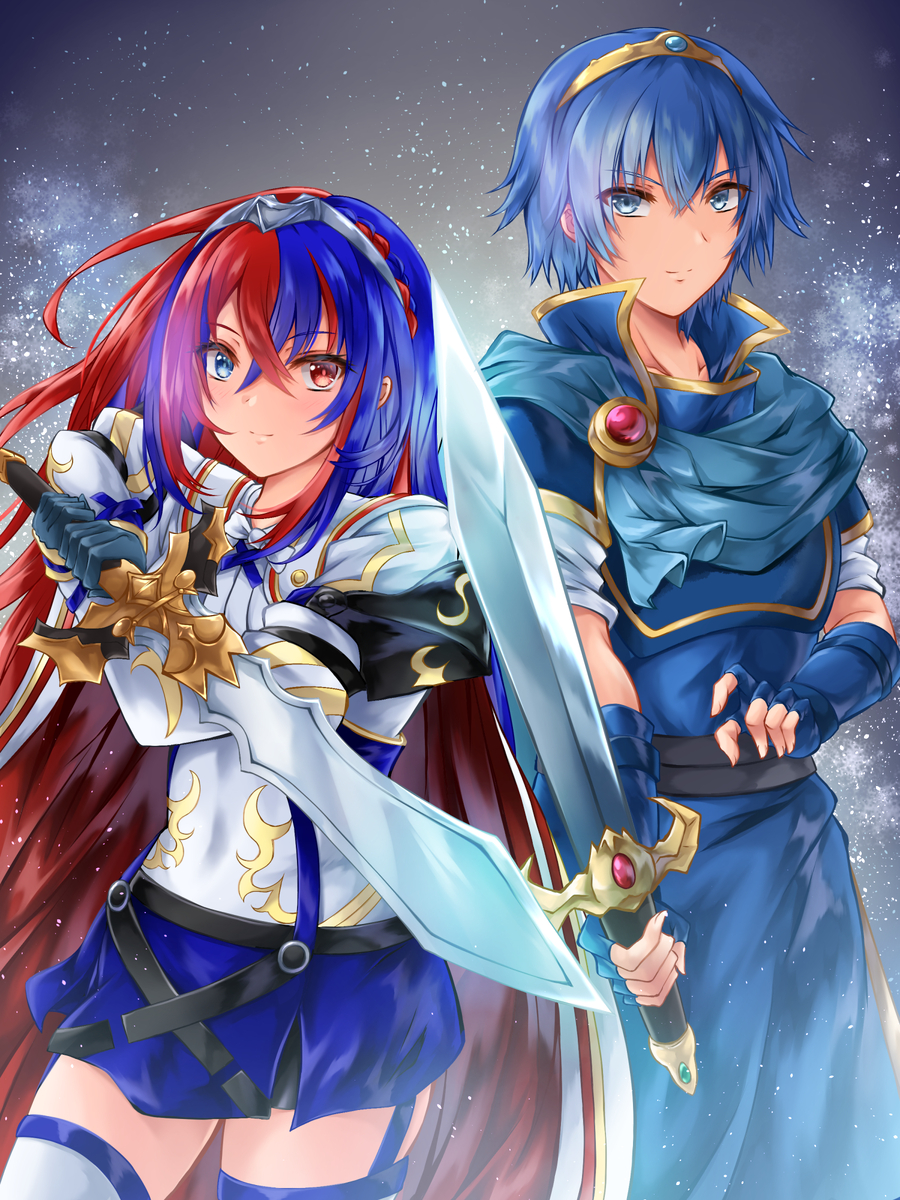 1boy 1girl alear_(fire_emblem) blue_hair fire_emblem marth marth_(fire_emblem) sword
