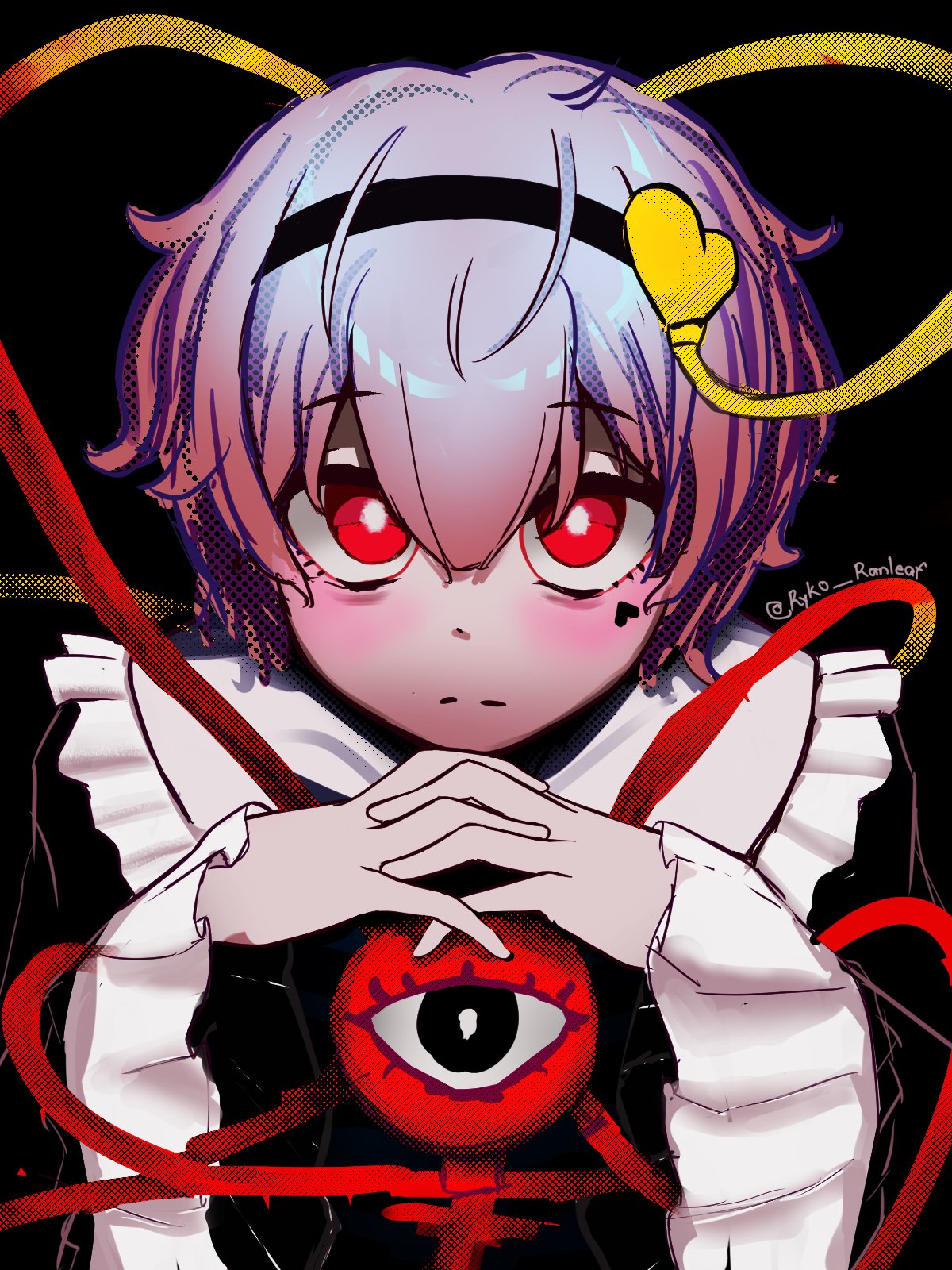 1girl alternate_color black_background black_eyes black_hairband black_shirt blush bright_pupils closed_mouth commentary english_commentary facial_mark frilled_shirt_collar frilled_sleeves frills hair_between_eyes hair_ornament hairband heart heart_facial_mark heart_hair_ornament highres interlocked_fingers komeiji_satori looking_at_viewer own_hands_together pink_hair raikou_ranleaf red_eyes shirt short_hair solo split_mouth third_eye touhou twitter_username upper_body white_pupils wide_sleeves