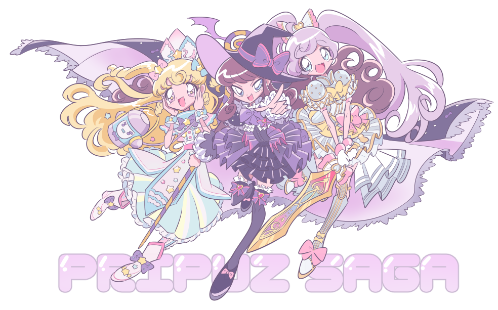 3girls :d adapted_costume blonde_hair blue_bow blue_eyes bow brown_hair cape dress frilled_dress frills full_body hair_bow hands_on_own_cheeks hands_on_own_face hands_up hat holding holding_sword holding_weapon idol_clothes idol_time_pripara kurosu_aroma long_hair looking_at_viewer manaka_laala mikannu multiple_girls open_mouth pink_bow pointing pointing_at_viewer pretty_series pripara pripara_pripuz puffy_short_sleeves puffy_sleeves purple_cape purple_dress purple_hair purple_headwear rice_cooker ringlets short_sleeves smile song_name standing star_(symbol) sword takki_(pripara) twintails two_side_up very_long_hair violet_eyes weapon white_background white_dress witch_hat yumekawa_yui