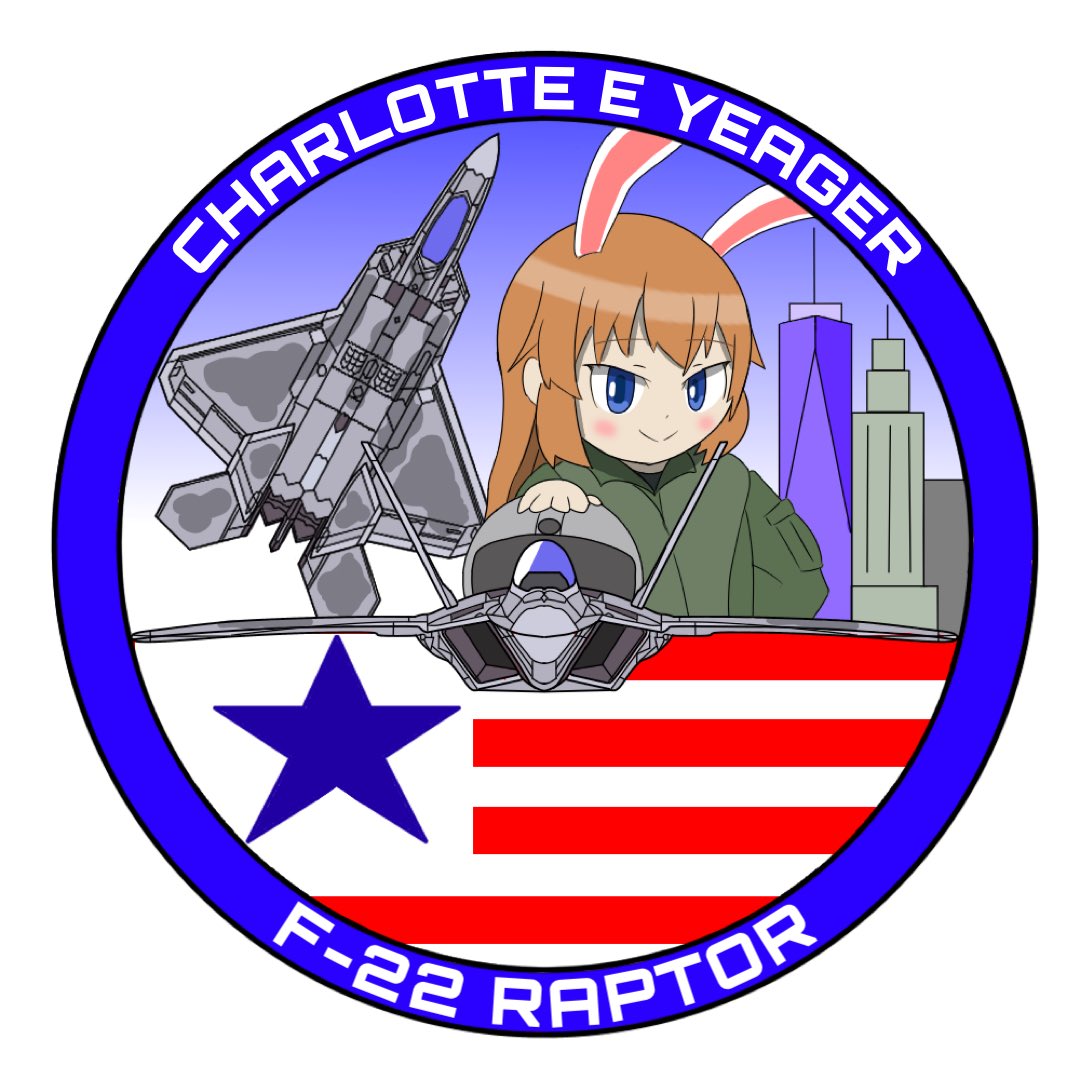 1girl aircraft animal_ears blue_eyes blush character_name charlotte_e._yeager closed_mouth commentary_request f-22_raptor long_hair long_sleeves military_uniform military_vehicle orange_hair patch pilot_helmet rabbit_ears rabbit_girl simple_background smile solo sss_cccp strike_witches uniform white_background world_witches_series