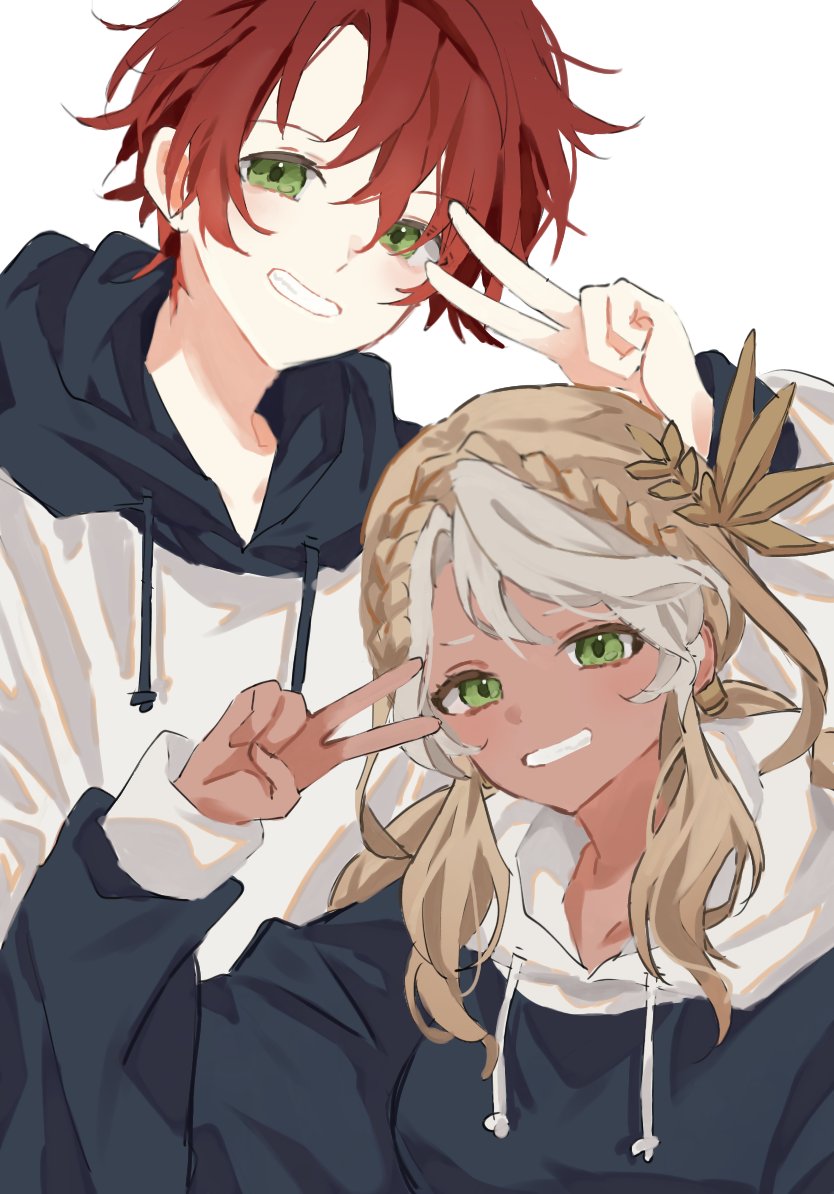 1boy 1girl alternate_costume andromeda_(fate) blonde_hair blue_hoodie braid commentary_request contemporary crown_braid dark-skinned_female dark_skin drawstring fate/grand_order fate/prototype fate_(series) green_eyes grey_hair grin hair_between_eyes hair_ornament hand_up height_difference hood hoodie husband_and_wife laurel_crown long_hair long_sleeves looking_at_viewer low_twintails multicolored_hair perseus_(fate) redhead short_hair simple_background sleeves_past_wrists smile teeth twintails two-tone_hair two-tone_hoodie upper_body v_over_eye white_background white_hoodie yawa_83