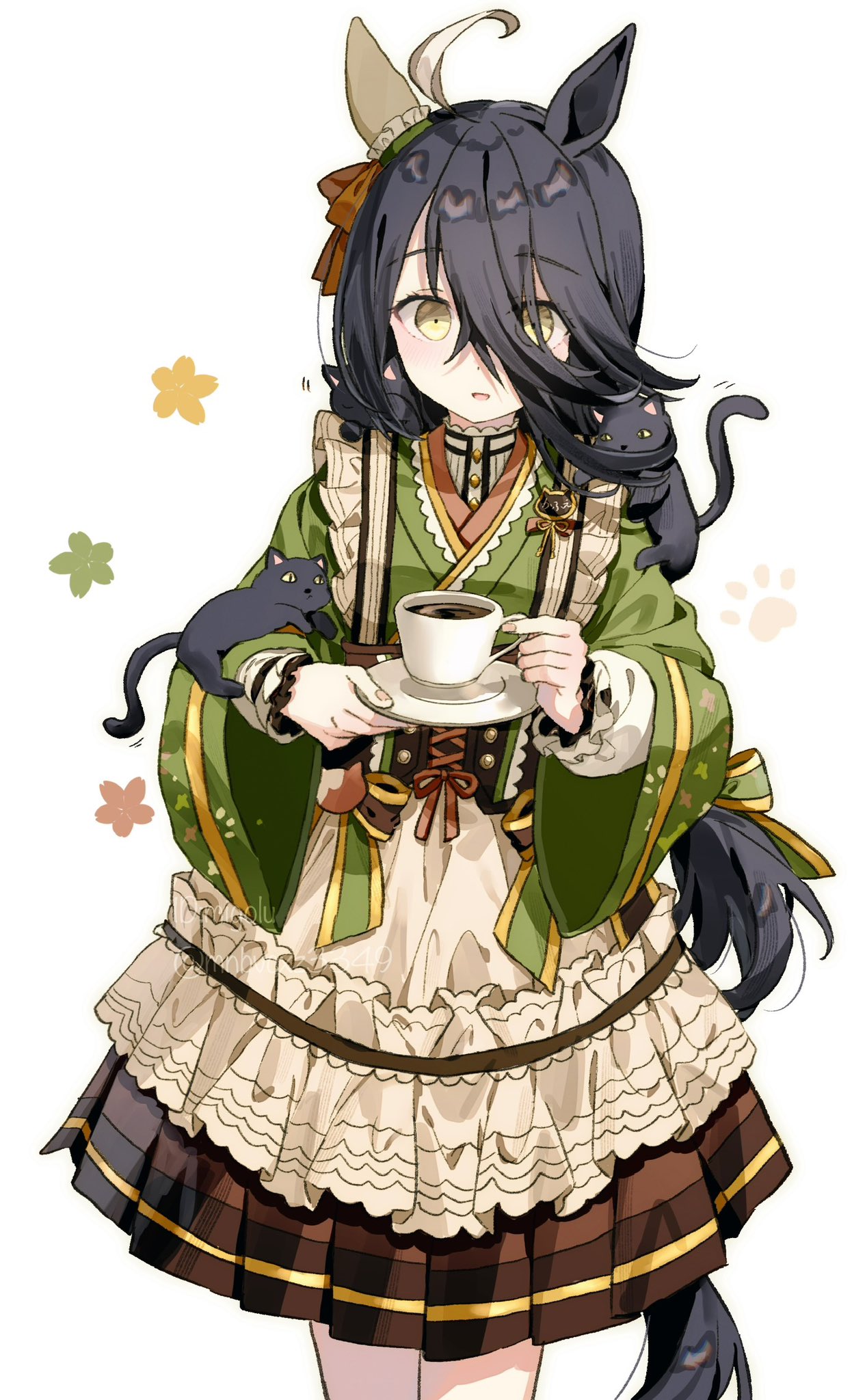 1girl ahoge animal_ears animal_on_shoulder apron black_hair blonde_hair brown_skirt cat coffee corset cup dot_nose earrings feet_out_of_frame green_kimono hair_between_eyes highres holding holding_cup holding_saucer horse_ears horse_girl horse_tail japanese_clothes jewelry kimono long_hair long_sleeves looking_at_viewer manhattan_cafe_(umamusume) manhattan_cafe_(verdant_night)_(umamusume) migolu motion_lines open_mouth pleated_skirt saucer shirt single_earring skirt smile solo standing tail teacup umamusume waist_apron white_background white_shirt yellow_eyes