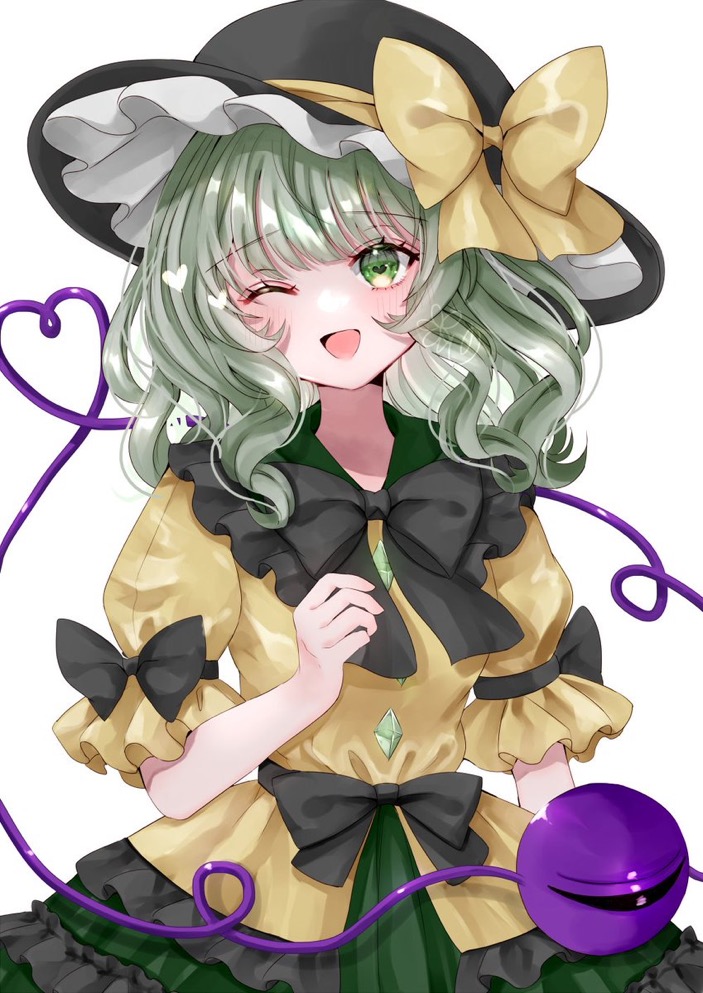 1girl ;d adapted_costume alternate_hairstyle arm_at_side black_bow blunt_bangs blush bow buttons commentary cowboy_shot diamond_button eyelashes frilled_shirt_collar frills green_eyes green_hair green_skirt hand_up happy hat hat_bow heart heart-shaped_pupils heart_of_string jaku_sono komeiji_koishi lolita_fashion looking_at_viewer medium_hair one_eye_closed open_mouth puffy_short_sleeves puffy_sleeves shirt short_sleeves simple_background skirt smile solo symbol-shaped_pupils third_eye touhou tsurime wavy_hair white_background yellow_bow yellow_shirt