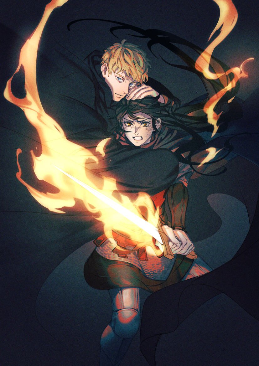1boy 1girl akakokko_(niro_azarashi) armor black_background black_cape black_hair blonde_hair blue_eyes cape character_request closed_mouth dirty dirty_face flaming_sword flaming_weapon grimace hand_on_another's_head holding holding_sword holding_weapon long_hair maronie_oukoku_no_shichinin_no_kishi orange_eyes sword very_long_hair weapon