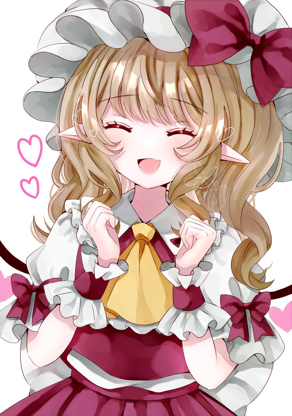 1girl :d ^_^ alternate_hairstyle ascot blonde_hair blunt_bangs blush bow clenched_hands closed_eyes commentary eyelashes facing_viewer fang flandre_scarlet frilled_shirt_collar frilled_wrist_cuffs frills hair_down hands_up hat hat_bow heart highres jaku_sono long_hair mob_cap open_mouth pointy_ears puffy_short_sleeves puffy_sleeves red_bow red_skirt red_vest red_wrist_cuffs shirt short_sleeves sidelocks signature simple_background skin_fang skirt smile solo touhou upper_body vest wavy_hair white_background white_headwear white_shirt wings wrist_cuffs yellow_ascot