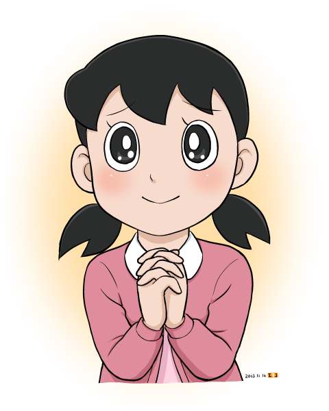 1girl black_eyes black_hair commentary_request dated doraemon low_twintails minamoto_shizuka mochi-iri_kinchaku own_hands_clasped own_hands_together smile solo twintails upper_body