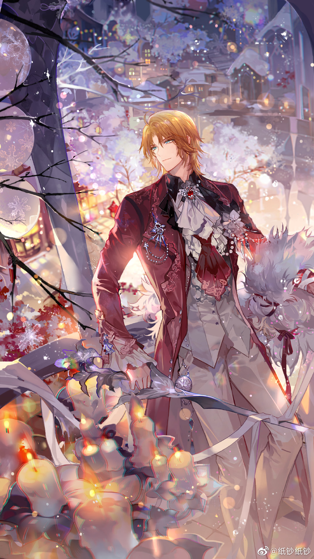 1boy against_railing ahoge aqua_eyes ascot balcony bare_tree black_shirt blonde_hair brooch building candle chinese_commentary closed_mouth coat collared_shirt curtained_hair feather_boa feet_out_of_frame flower frilled_sleeves frills gem highres holding holding_sword holding_weapon jewelry lapel_pin lapels lars_rorschach layered_ascot long_sleeves looking_back lovebrush_chronicles male_focus maple_tree nevakuma_(fanfanas) notched_lapels official_art open_clothes open_coat pants parted_bangs pillar railing red_ascot red_coat red_gemstone reflective_floor ribbon shirt short_hair smile snow snowflakes solo stairs standing sword tile_floor tiles tree vest weapon weibo_logo weibo_username white_ascot white_flower white_pants white_ribbon white_vest