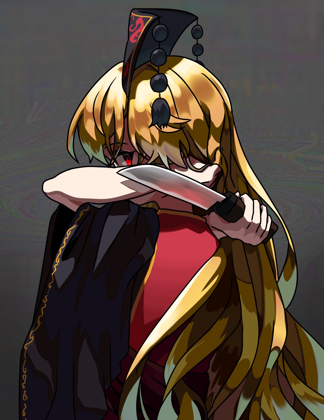 1girl amadare_rak arms_behind_head black_dress blonde_hair chinese_clothes covered_mouth dress from_behind gold_trim grey_background hair_lift hair_ornament highres holding holding_knife junko_(touhou) knife long_hair looking_at_viewer looking_back phoenix_crown red_eyes red_tabard solo tabard tassel tassel_hair_ornament touhou upper_body wide_sleeves