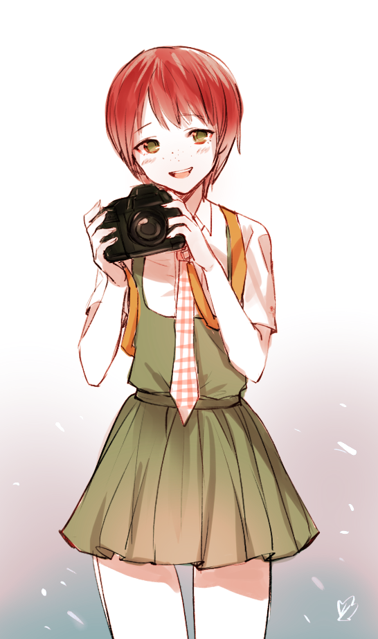 1girl :d artist_name blush camera chinese_commentary collared_shirt commentary cowboy_shot danganronpa_(series) danganronpa_2:_goodbye_despair dress dress_shirt dslr freckles gingham_necktie gradient_background green_dress green_eyes grey_background head_tilt holding holding_camera koizumi_mahiru light_particles looking_at_viewer necktie open_mouth pinafore_dress pleated_dress raised_eyebrows red_necktie redhead school_uniform shell_(shell518) shirt short_hair signature sleeveless sleeveless_dress smile solo standing strap teeth two-tone_necktie upper_teeth_only very_short_hair white_background white_necktie white_shirt