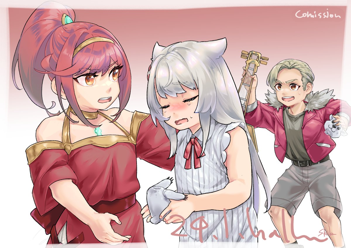 1boy 2girls aged_down animal_ears brother_and_sister cat_ears cat_girl core_crystal_(xenoblade) crying dress glimmer_(xenoblade) hallupuna jacket mio_(xenoblade) multiple_girls ponytail siblings sisters tears toy user_svkg3578 xenoblade_chronicles_(series) xenoblade_chronicles_3 xenoblade_chronicles_3:_future_redeemed yellow_eyes