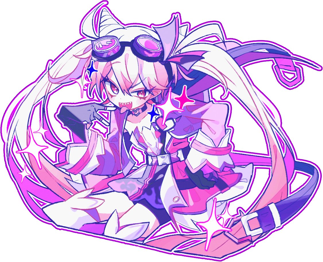 1girl black_gloves choker commentary_request cone_hair_bun crossed_bangs double_bun elsword fingerless_gloves flat_chest gloves goggles goggles_on_head hair_bun heart heart_choker heart_o-ring jacket korean_commentary laby_(elsword) long_hair open_clothes open_jacket open_mouth p_(xop_7i) pink_background pink_eyes pink_hair pink_jacket sharp_teeth simple_background smile solo sparkle teeth tongue tongue_out twins_picaro_(elsword) twintails white_background