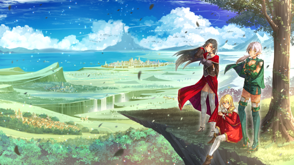 armor black_hair blonde_hair blush brown_eyes cape city cliff dress elf fantasy garter_straps green_eyes hand_on_own_head hand_up high_heels horizon kazeno light_particles long_hair looking_at_viewer looking_to_the_side low_ponytail open_mouth original pointy_ears rpg_maker scenery shorts sitting thigh-highs town tree water wind