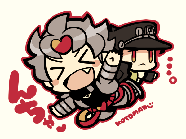 &gt;_&lt; 2boys :&lt; black_headwear black_shirt blush_stickers chibi chibi_only dio_brando fang full_body grey_hair grey_jacket hat jacket jojo_no_kimyou_na_bouken kotorai kujo_jotaro male_focus multiple_boys no_nose open_mouth orange_eyes outline outstretched_arms red_outline shirt short_hair signature spread_arms translation_request white_background
