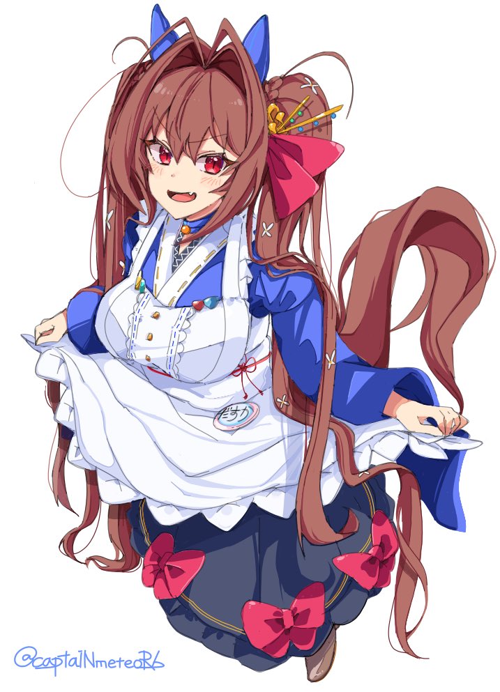 1girl alternate_costume animal_ears apron blue_kimono breasts brown_hair daiwa_scarlet_(umamusume) ear_covers enmaided fang hair_between_eyes hair_intakes hair_ornament hair_ribbon horse_ears horse_girl japanese_clothes kimono large_breasts long_hair looking_at_viewer looking_up maid mengo_(captainmeteor6) name_tag red_eyes ribbon simple_background skin_fang solo twintails twitter_username umamusume very_long_hair wa_maid white_apron white_background